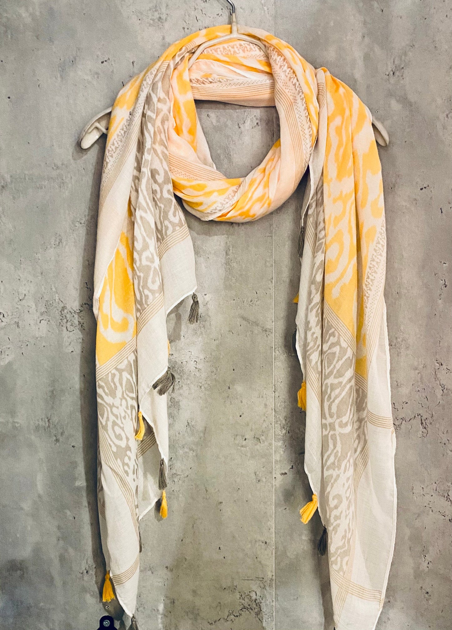 Bohemian Ikat Pattern with Tassels Yellow Beige Cotton Scarf/Spring Summer Scarf/Scarf Women/UK Seller/Gifts For Her Birthday/Gifts For Mom