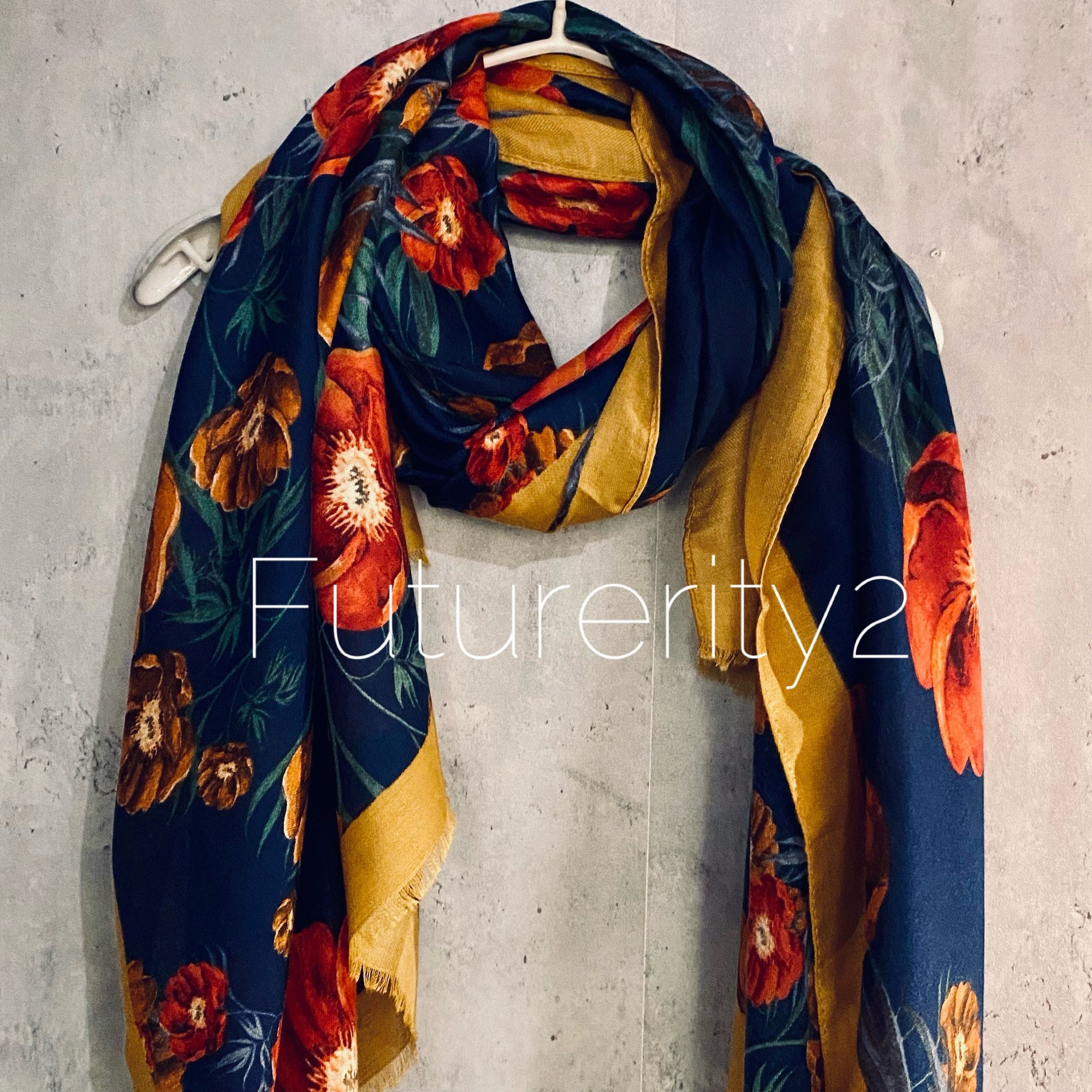 Vintage Poppy Flower With Yellow Trim Blue Scarf