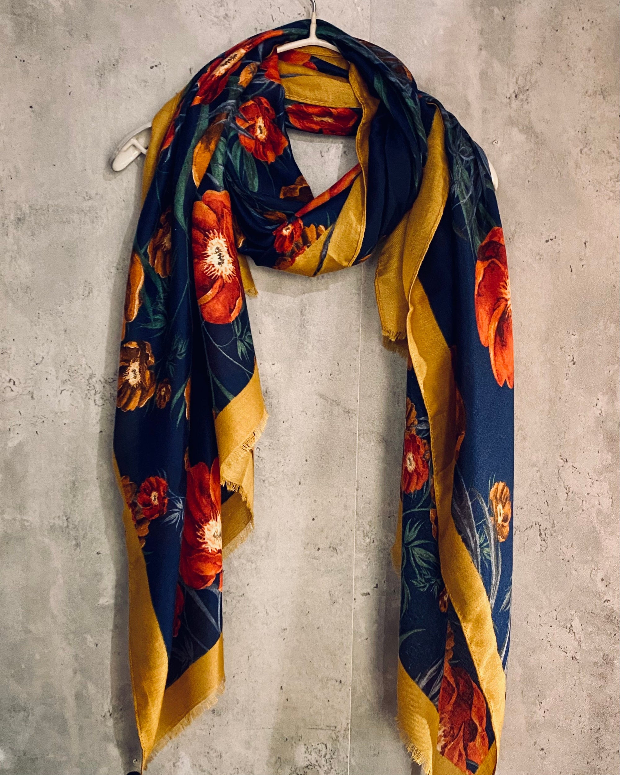 Vintage Poppy Flower With Yellow Trim Blue Scarf