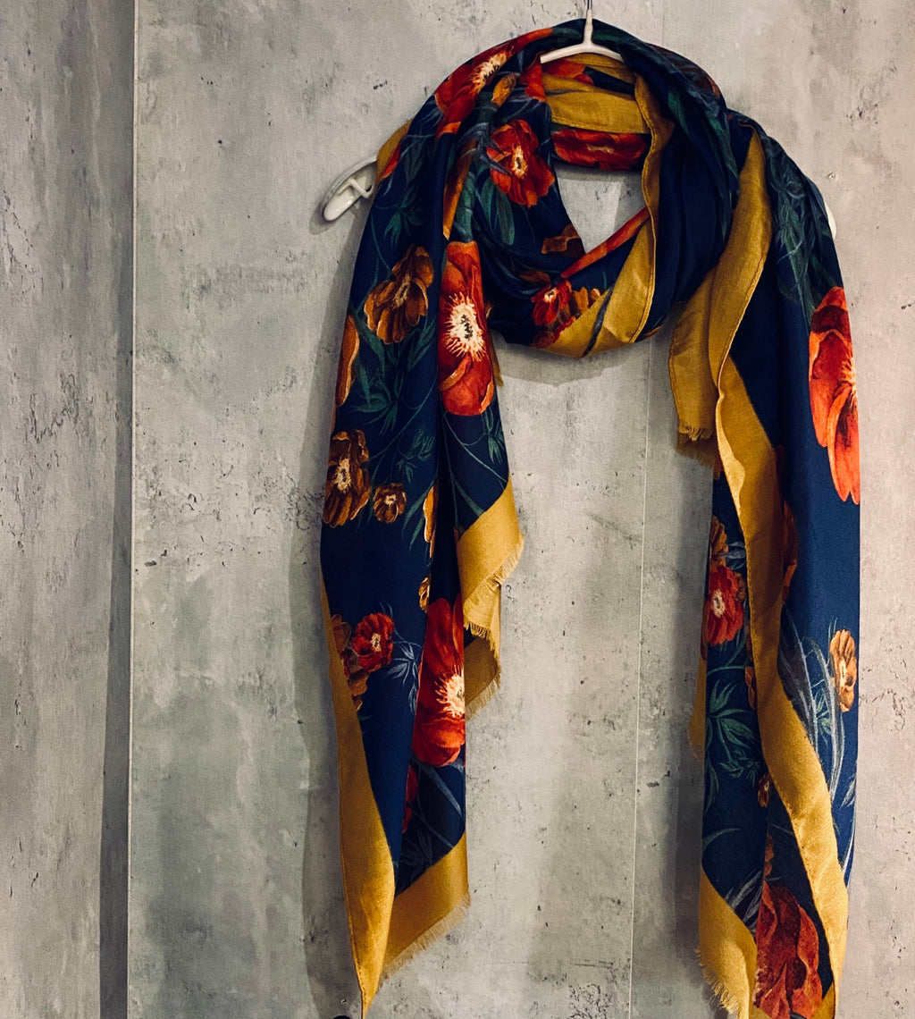 Vintage Poppy Flower With Yellow Trim Blue Scarf