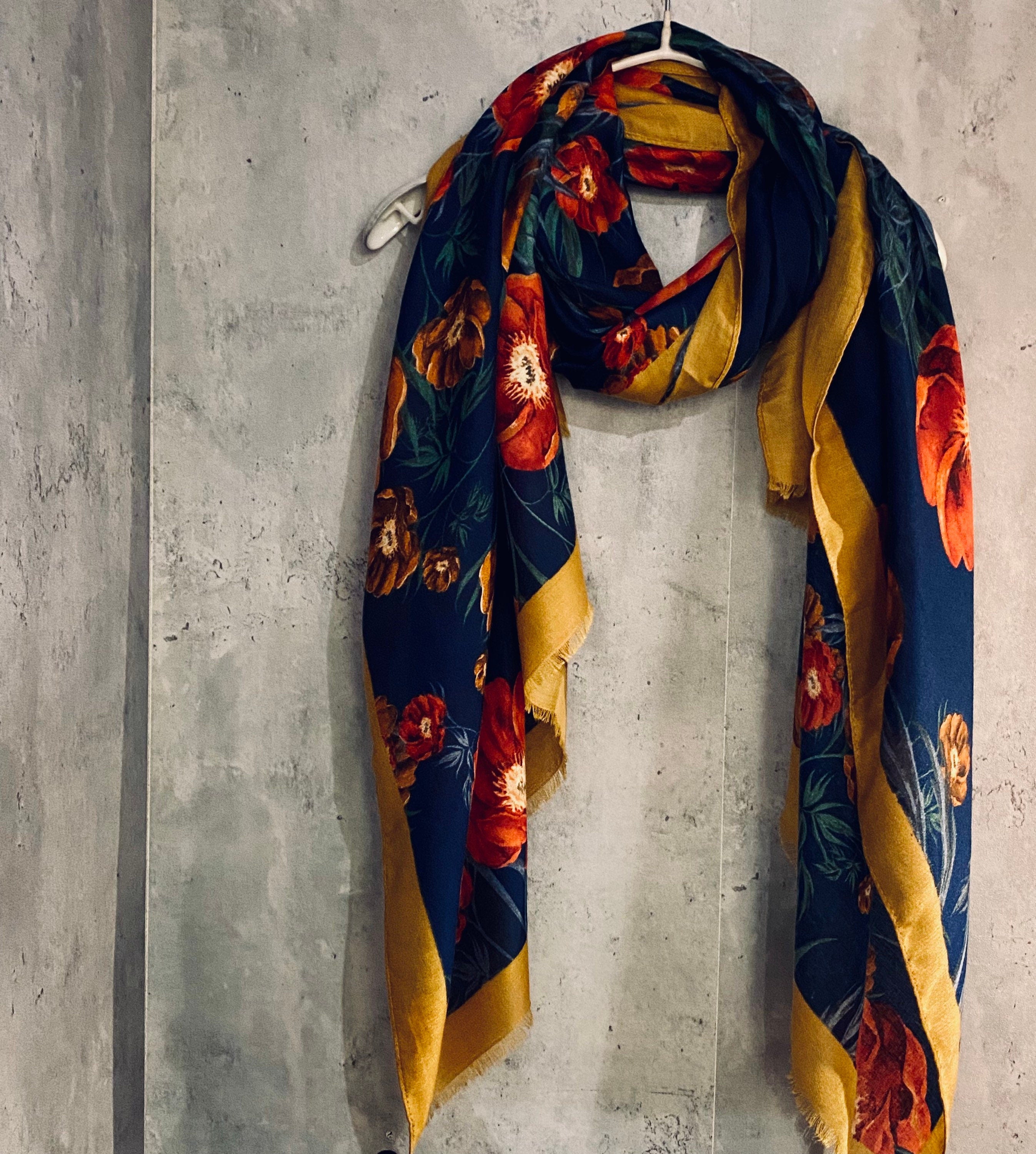 Vintage Poppy Flower With Yellow Trim Blue Scarf