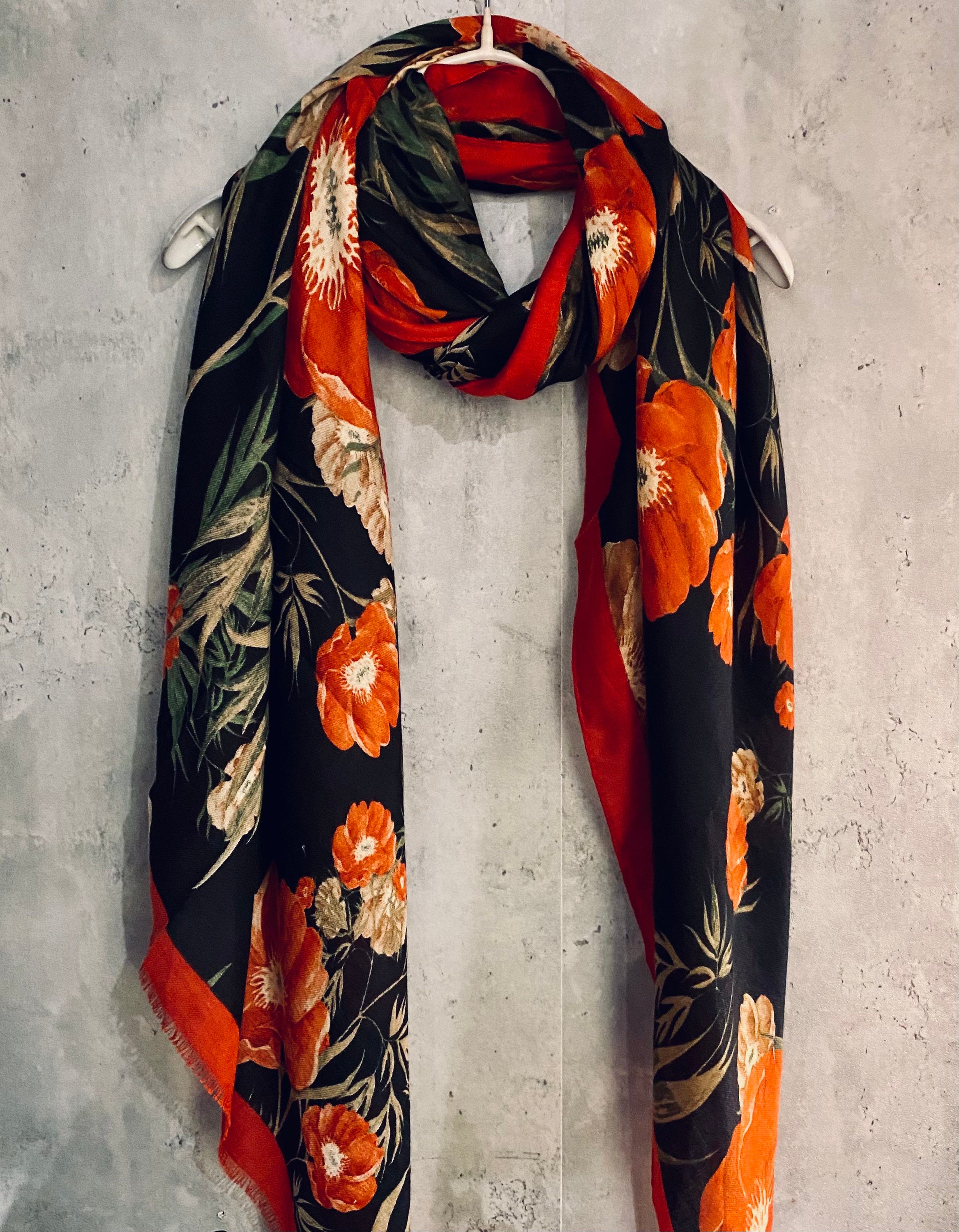 Vintage Poppy Flower With Red Trim Black Scarf