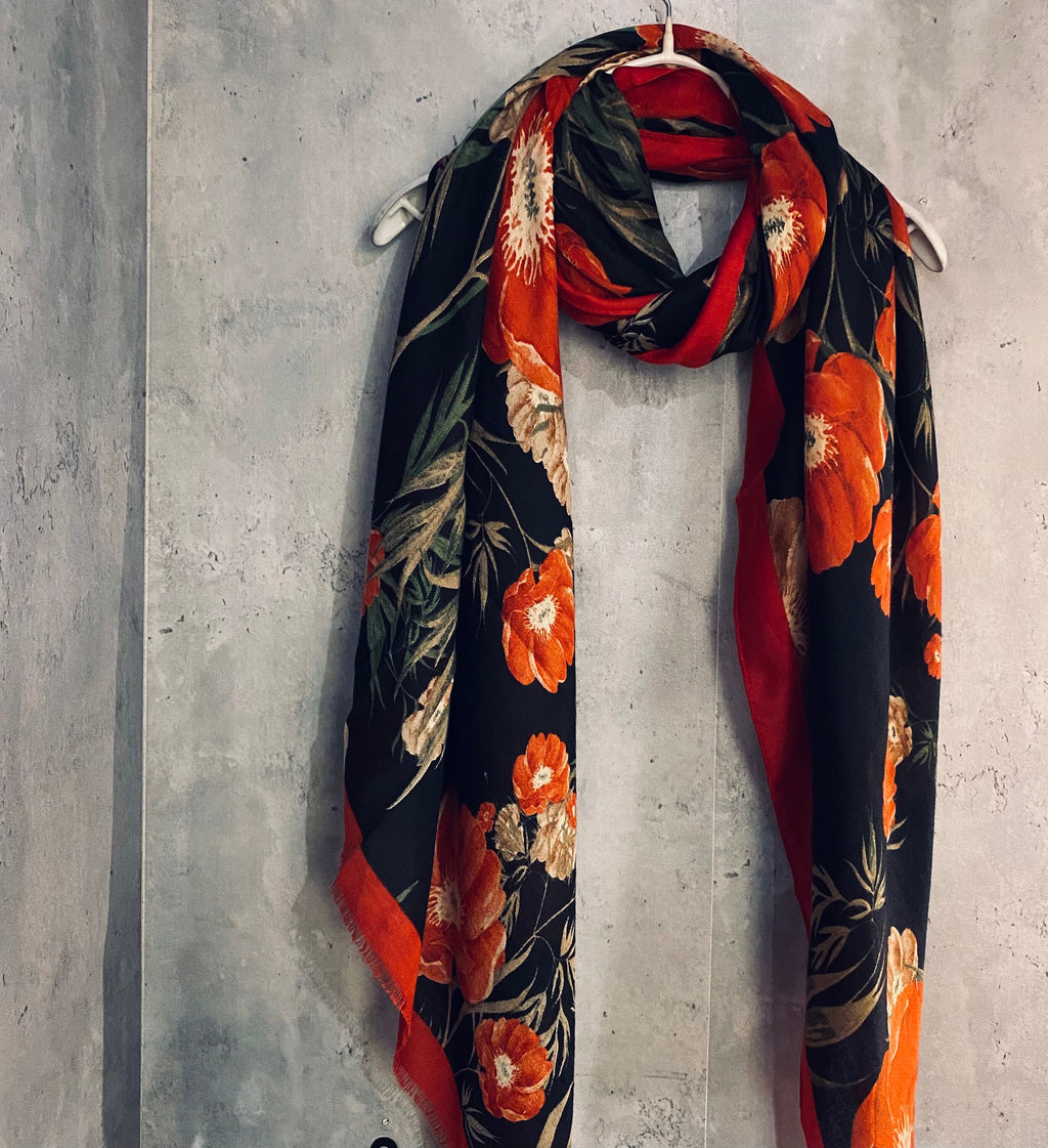 Vintage Poppy Flower With Red Trim Black Scarf