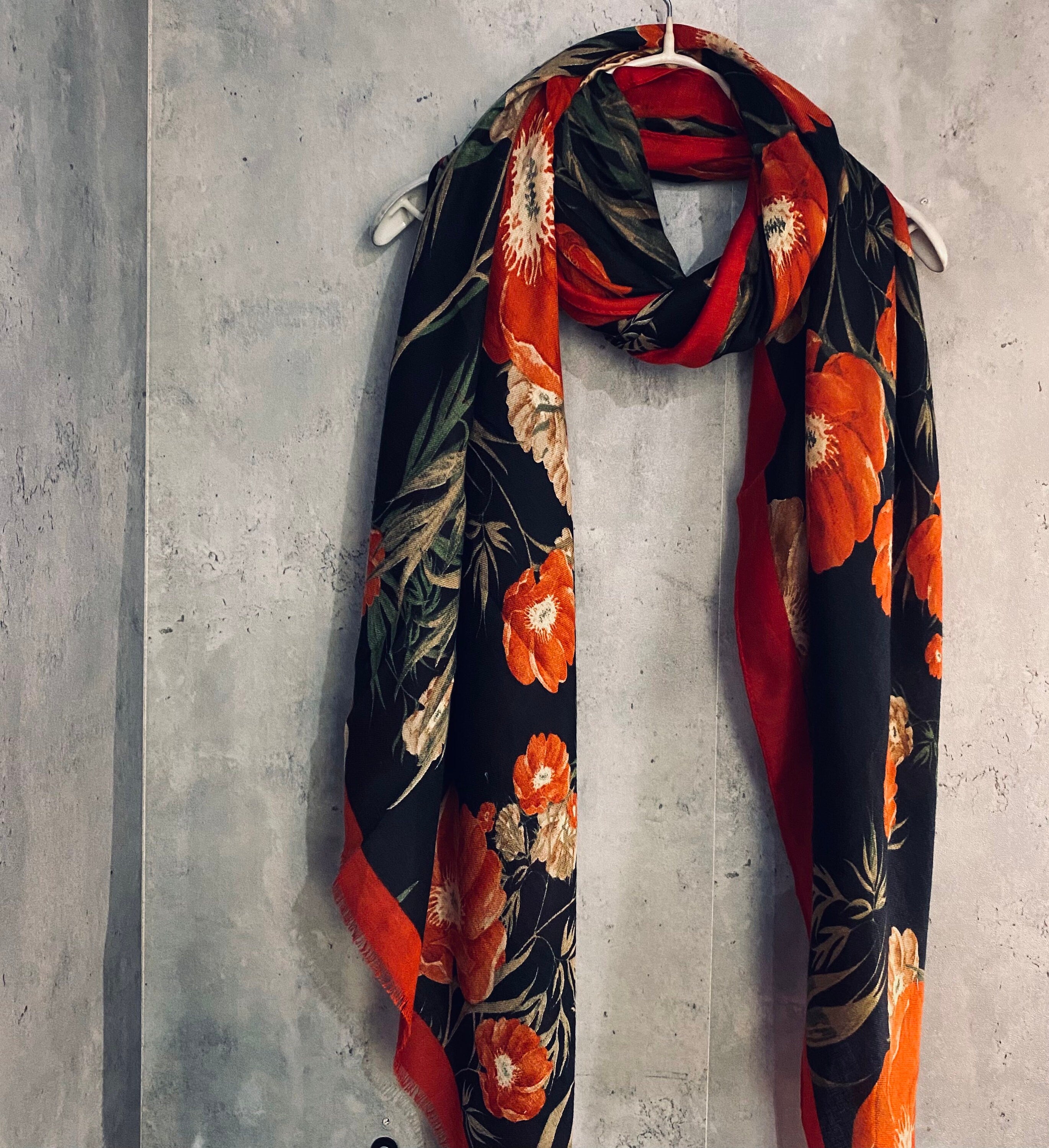 Vintage Poppy Flower With Red Trim Black Scarf