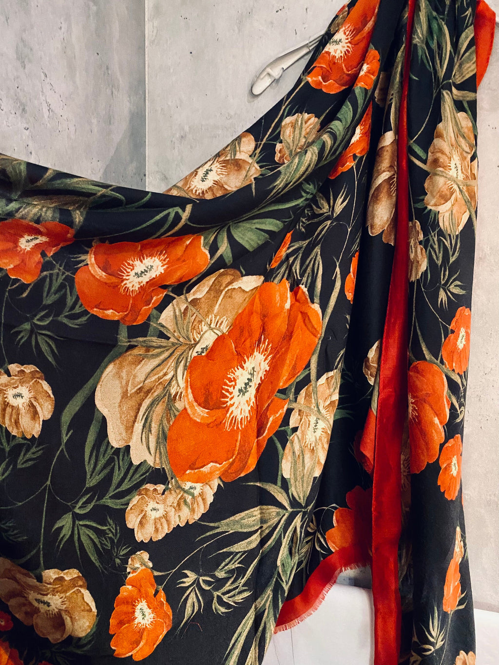 Vintage Poppy Flower With Red Trim Black Scarf