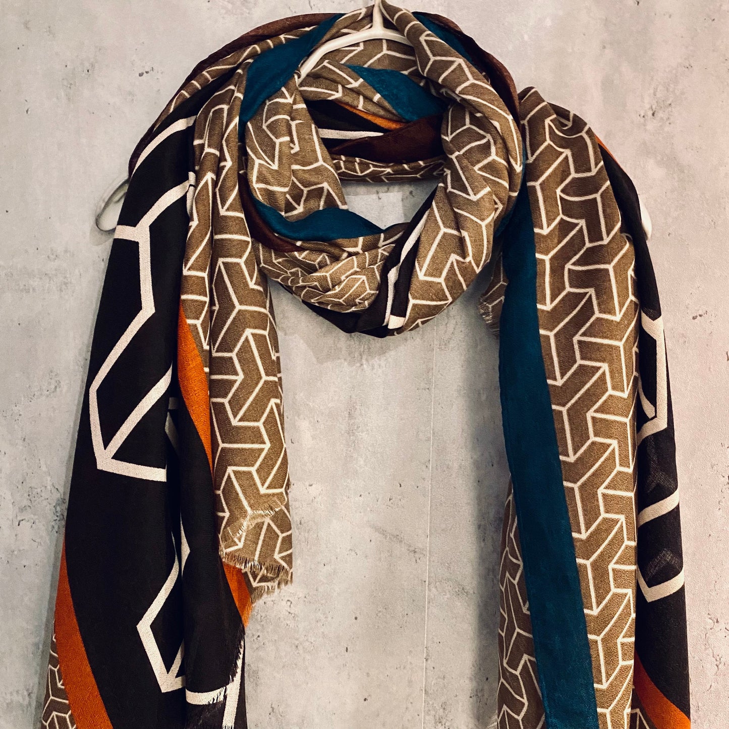 3D Geometric Pattern With Orange Trim Light Brown Cotton Scarf/Summer Autumn Scarf/Gifts For Her Birthday Christmas/Gifts For Mom/UK Seller