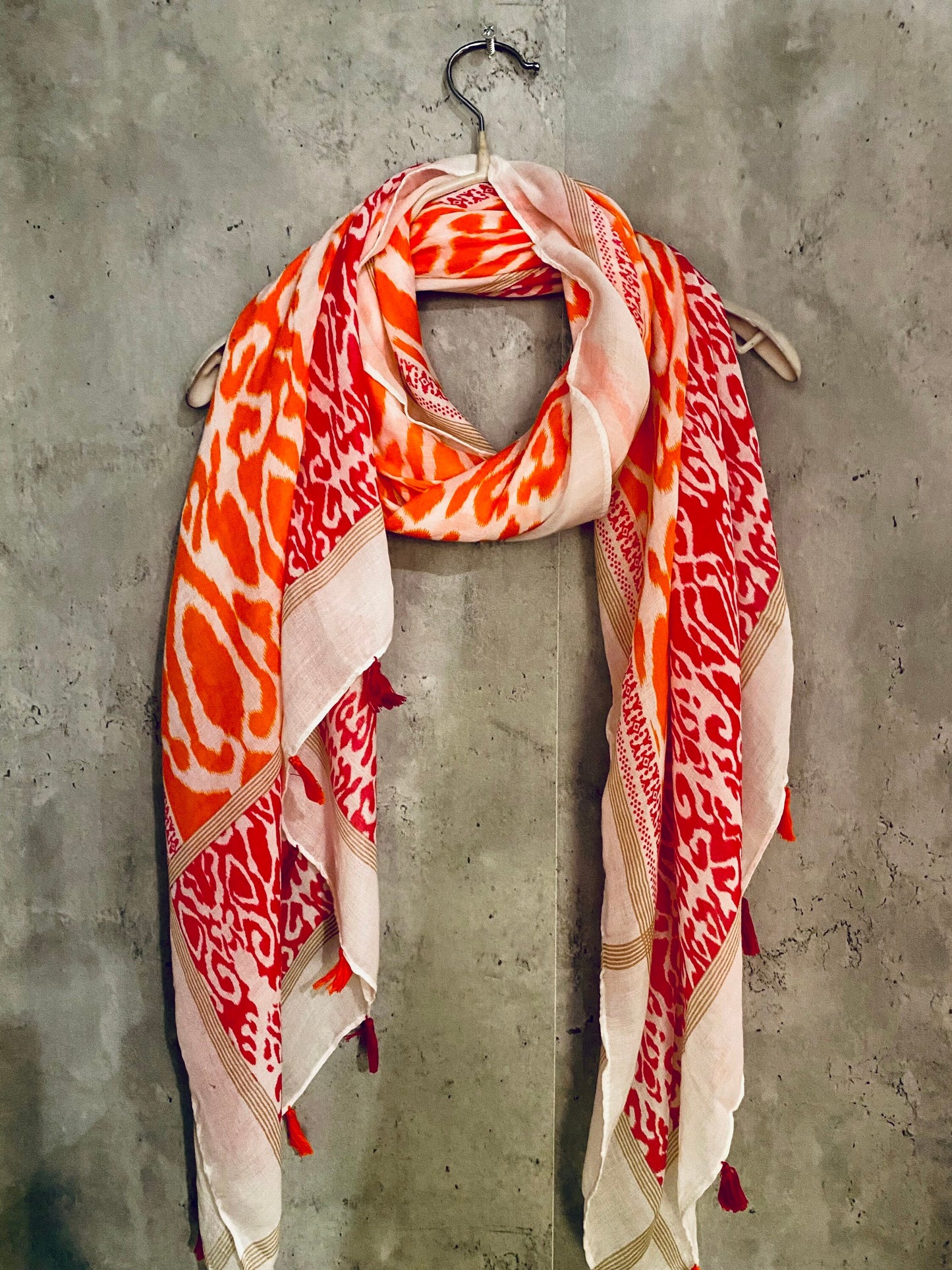 Bohemian Ikat Pattern with Tassels Orange Pink Cotton Scarf/Spring Summer Scarf/Scarf Women/UK Seller/Gifts For Her Birthday/Gifts For Mom