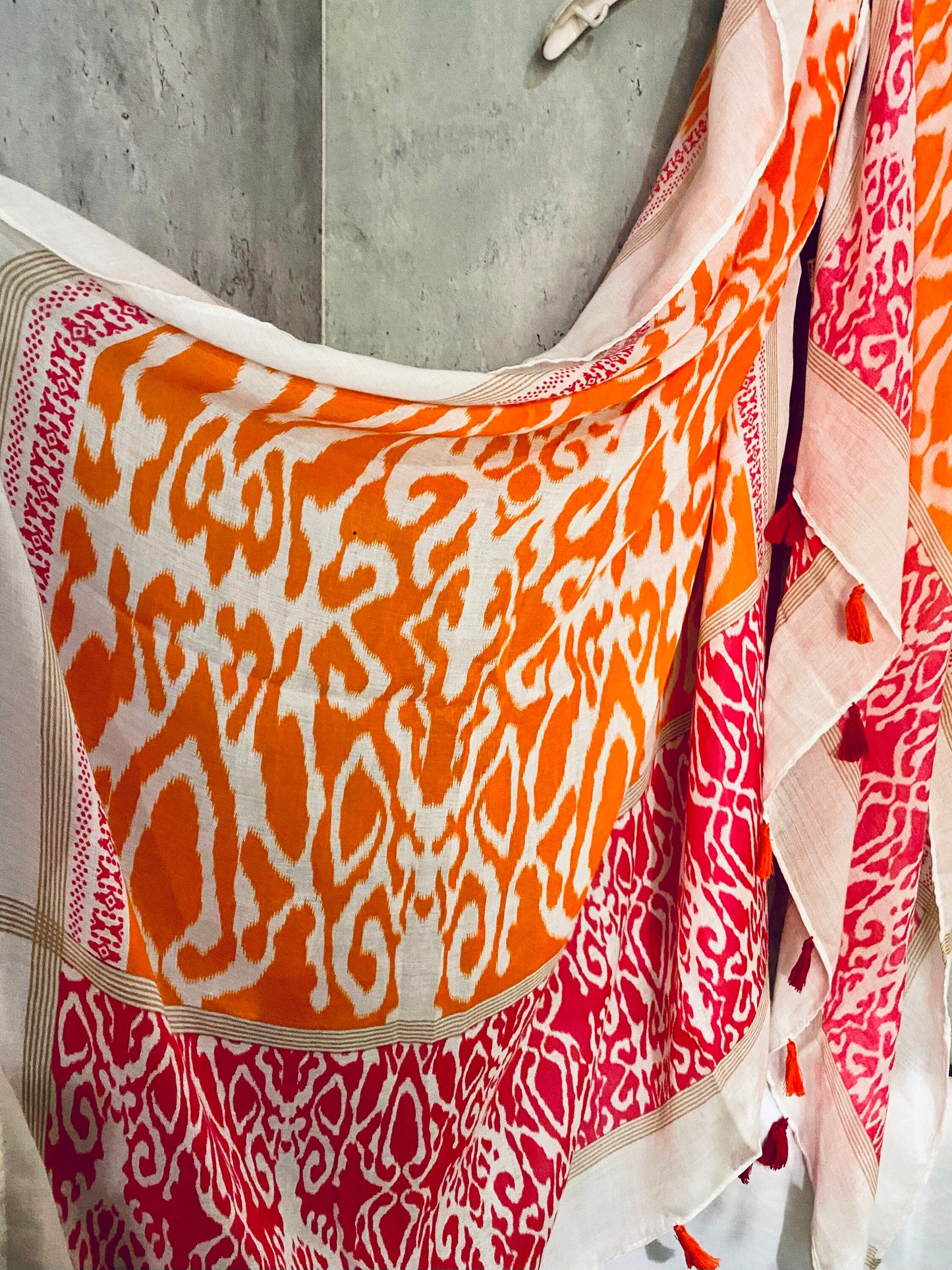 Bohemian Ikat Pattern with Tassels In Orange Pink Cotton Blend Scarf