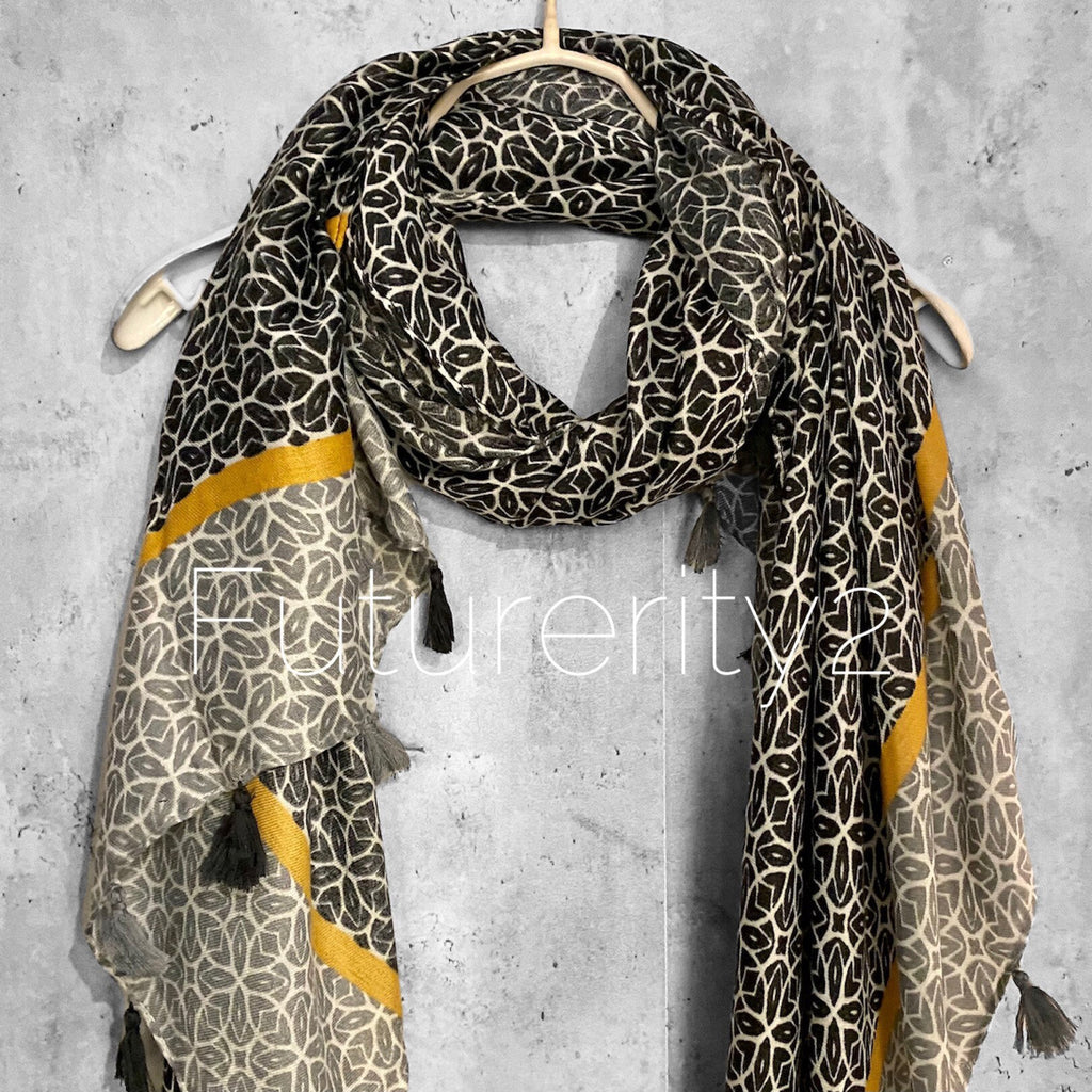 Bohemian inspired In Black Grey With Tassels Cotton Blend Scarf