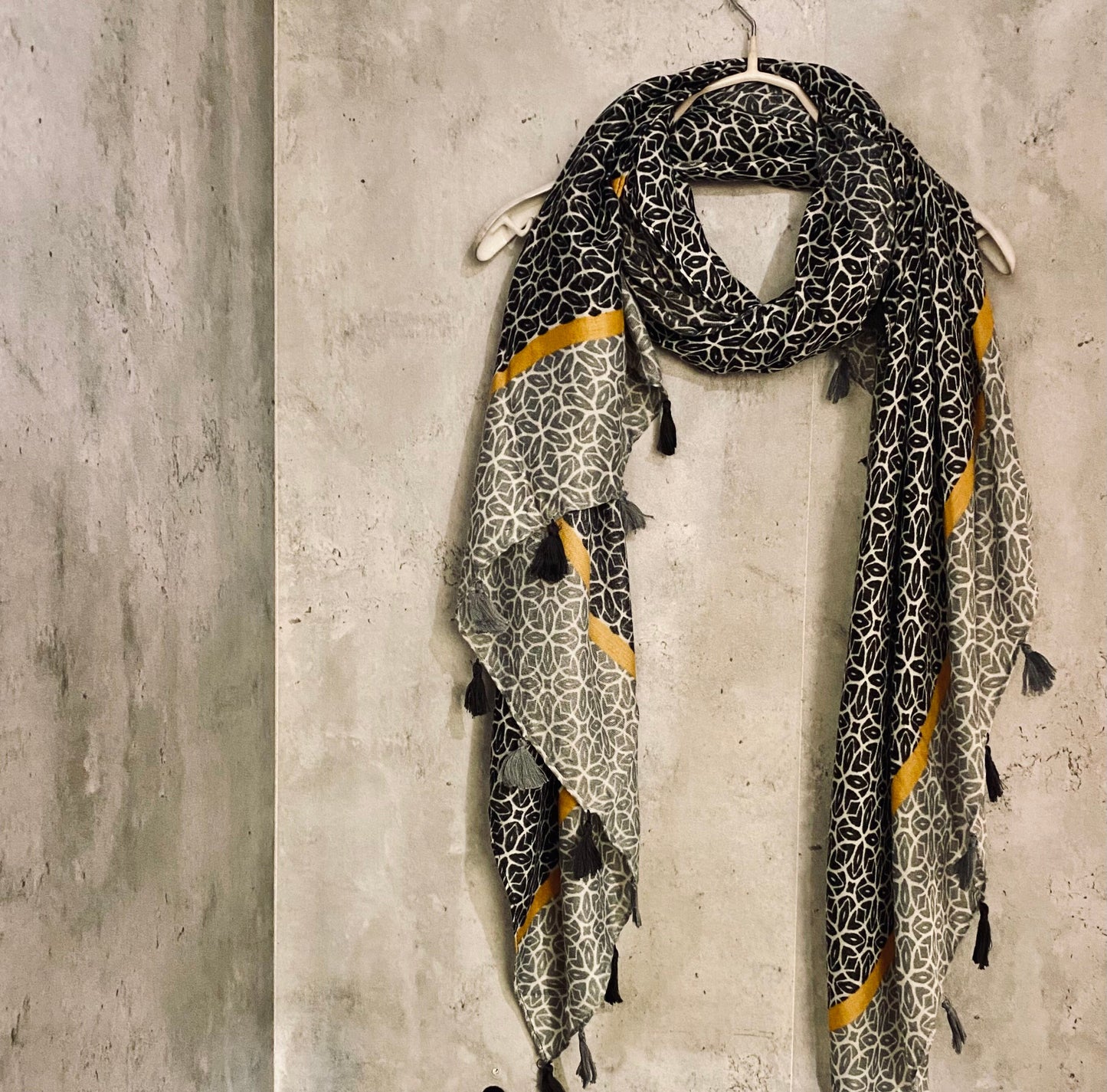 Bohemian inspired In Black Grey With Tassels Cotton Blend Scarf