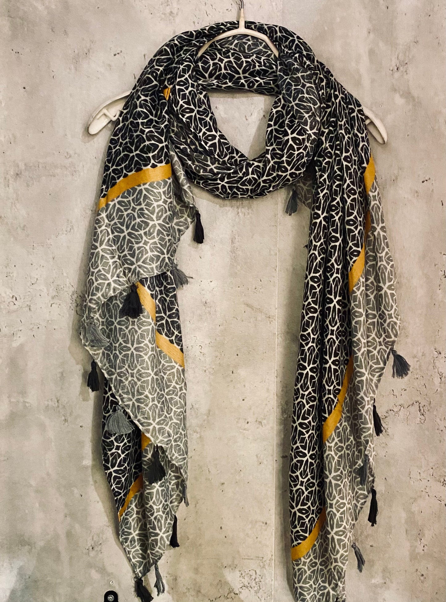 Bohemian inspired In Black Grey With Tassels Cotton Blend Scarf