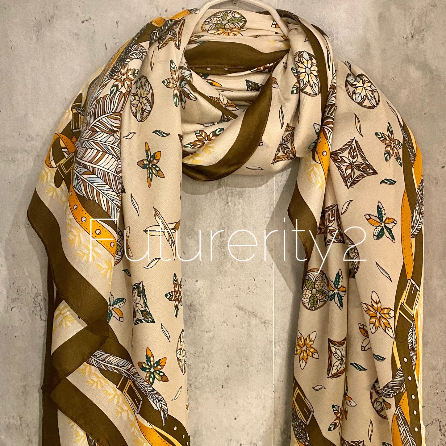 Small Florals And Feathers Pattern With Brown Trim Beige Silk Scarf/Spring Summer Scarf/Gifts For Mom/Gifts For Her Birthday Christmas/UK