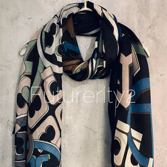Retro Inspired Buckles Pattern Black Cotton Viscose Scarf/Summer Autumn Winter Scarf/Gifts For Mom/Gift For Her Birthday Christmas/UK Seller
