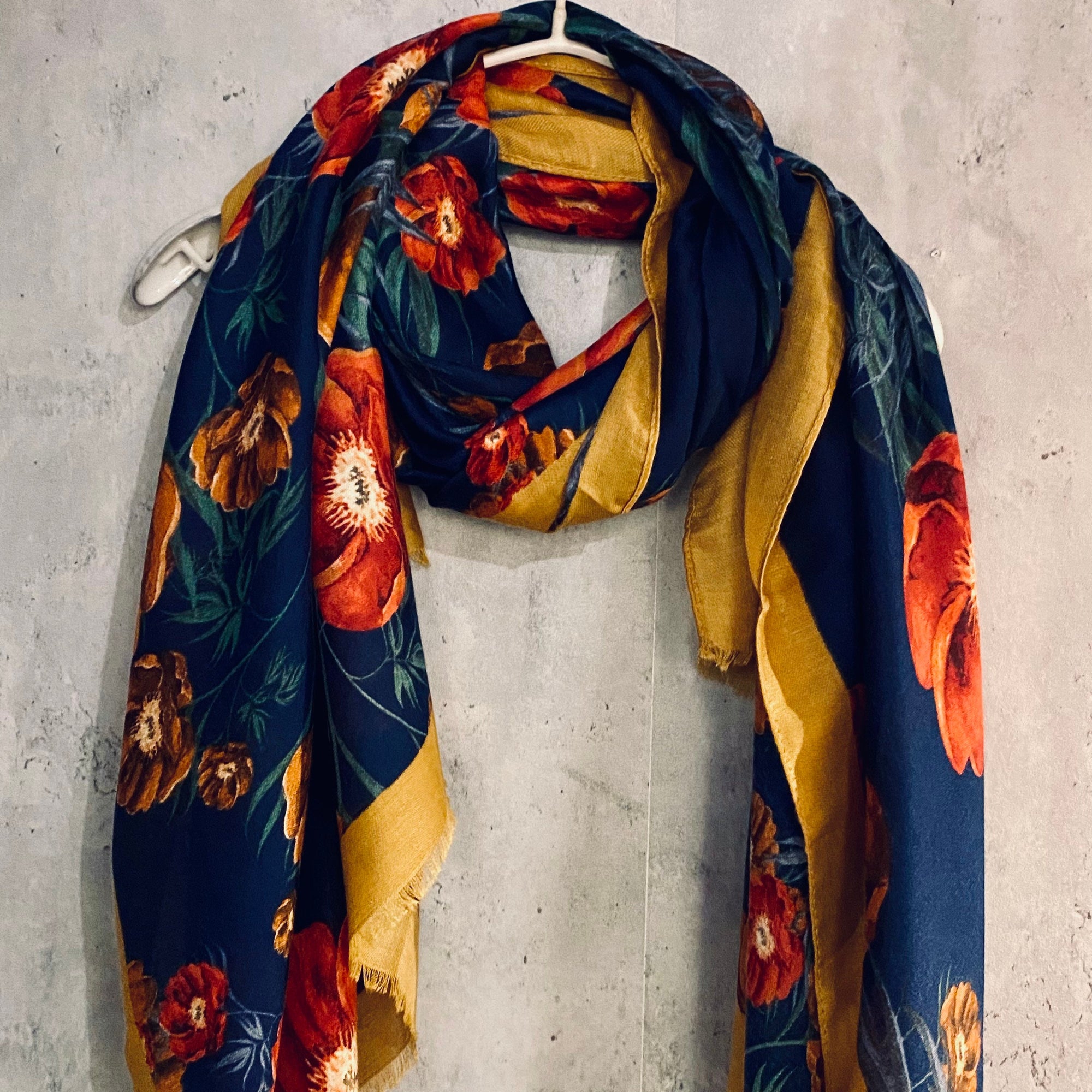 Vintage Poppy Flower With Yellow Trim Blue Scarf