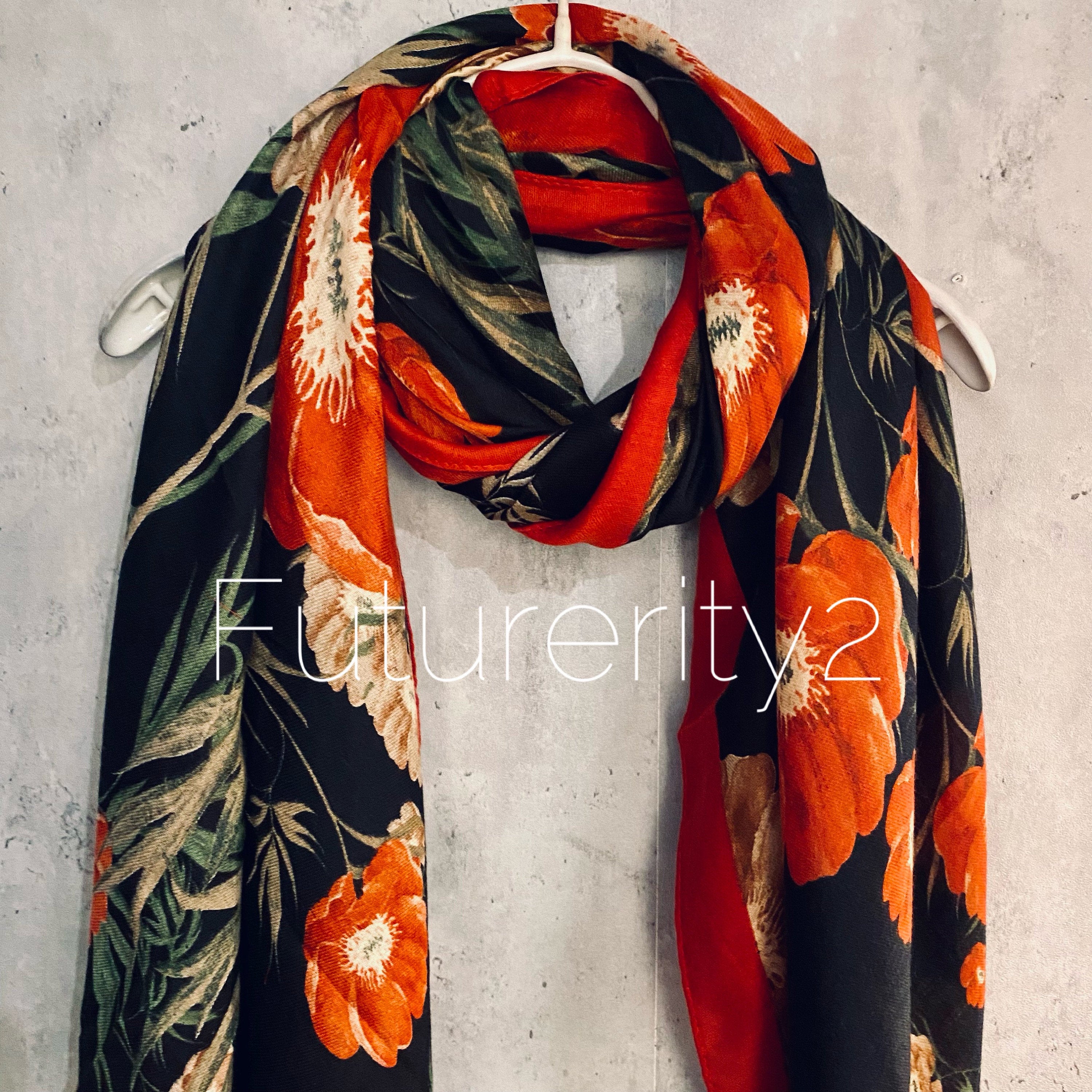 Vintage Poppy Flower With Red Trim Black Scarf