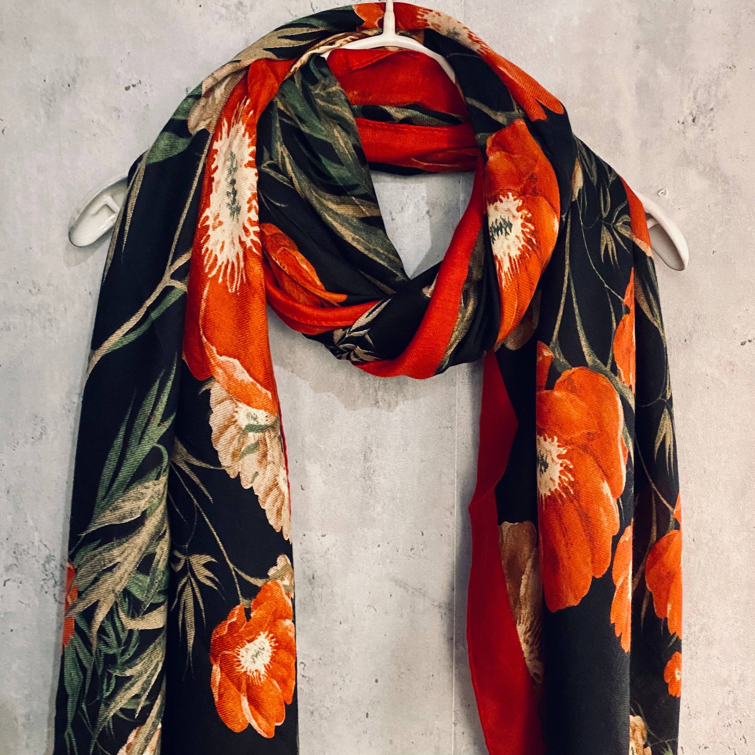Vintage Poppy Flower With Red Trim Black Scarf