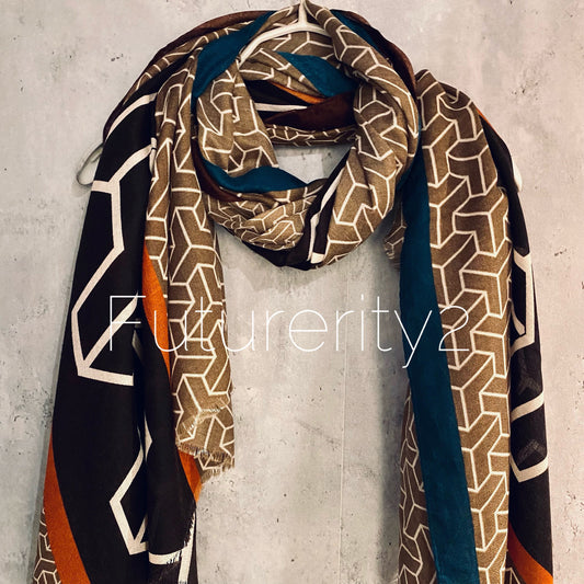 3D Geometric Pattern With Orange Trim Light Brown Cotton Scarf/Summer Autumn Scarf/Gifts For Her Birthday Christmas/Gifts For Mom/UK Seller