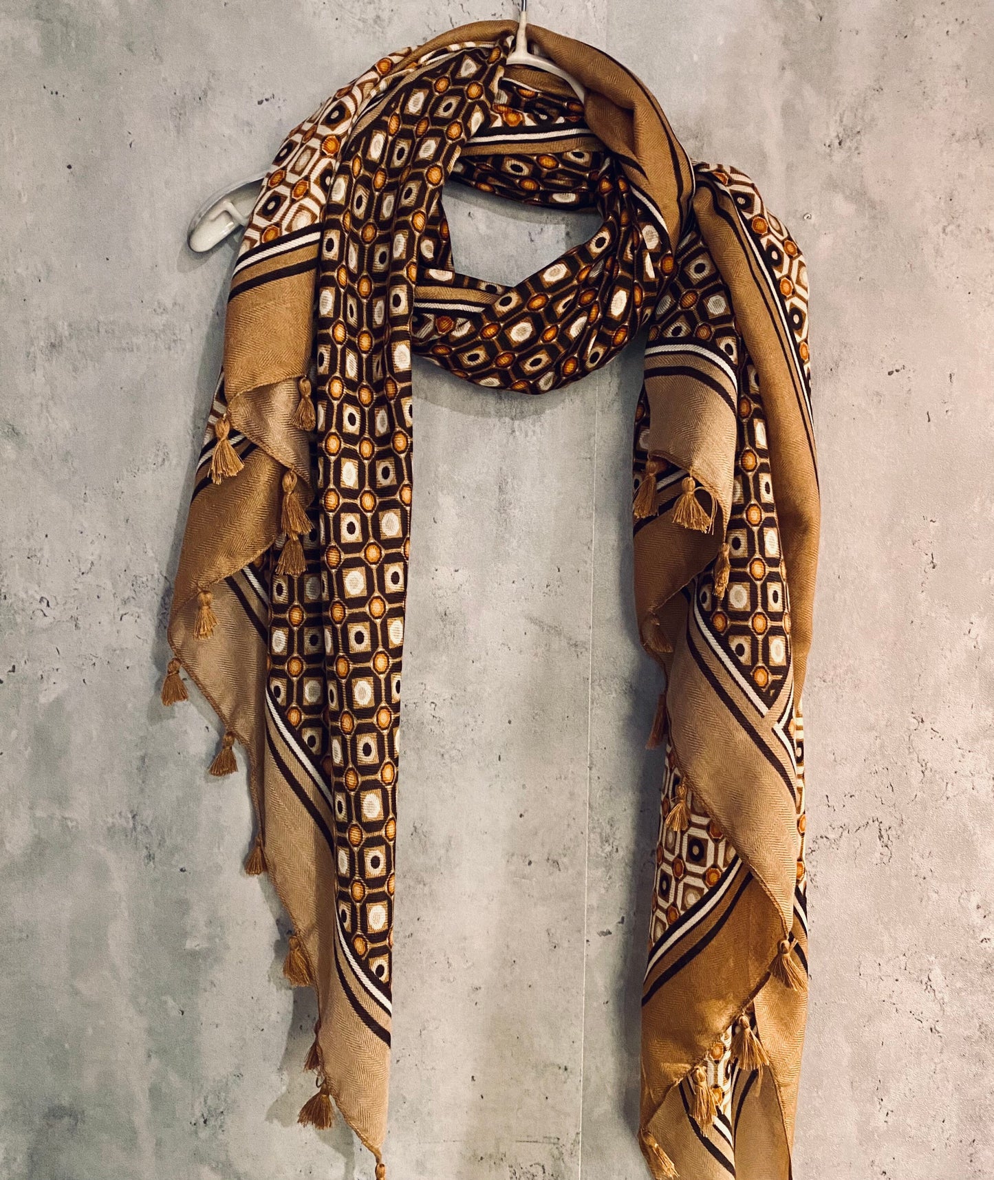 Moroccan Tiles inspired With Tassels Beige Cotton Scarf/Summer Autumn Winter Scarf/Gifts For Mom/Gifts For Her Birthday Christmas/UK Seller