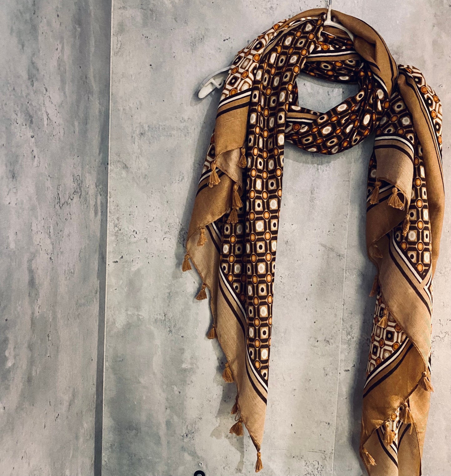 Moroccan Tiles inspired With Tassels Beige Cotton Scarf/Summer Autumn Winter Scarf/Gifts For Mom/Gifts For Her Birthday Christmas/UK Seller
