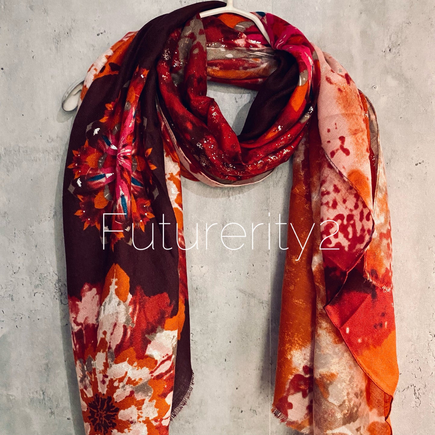 Watercolour Flower With Silver Metallic Accents Red Cotton Scarf/Summer Autumn Winter Scarf/Gift For Her Birthday Christmas/UK Seller