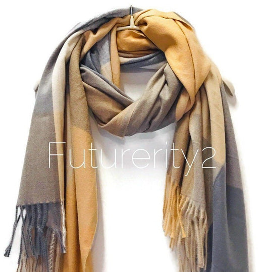 Blocks Pattern Beige Grey Cashmere Blend Scarf/Winter Scarf/Autumn Scarf/Gifts For Mom/Gifts For Her/Scarves Women/Christmas Birthday Gifts
