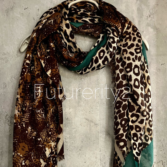 Leopard Pattern With Green Lines Brown Cotton Scarf/Summer Autumn Winter Women Scarf/Gifts For Her Birthday Christmas/UK Seller