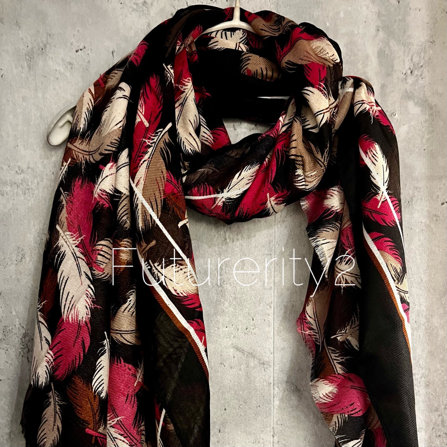 Black Cotton Scarf with Floating White Pink Feathers – A Stylish and Versatile Gift for Her
