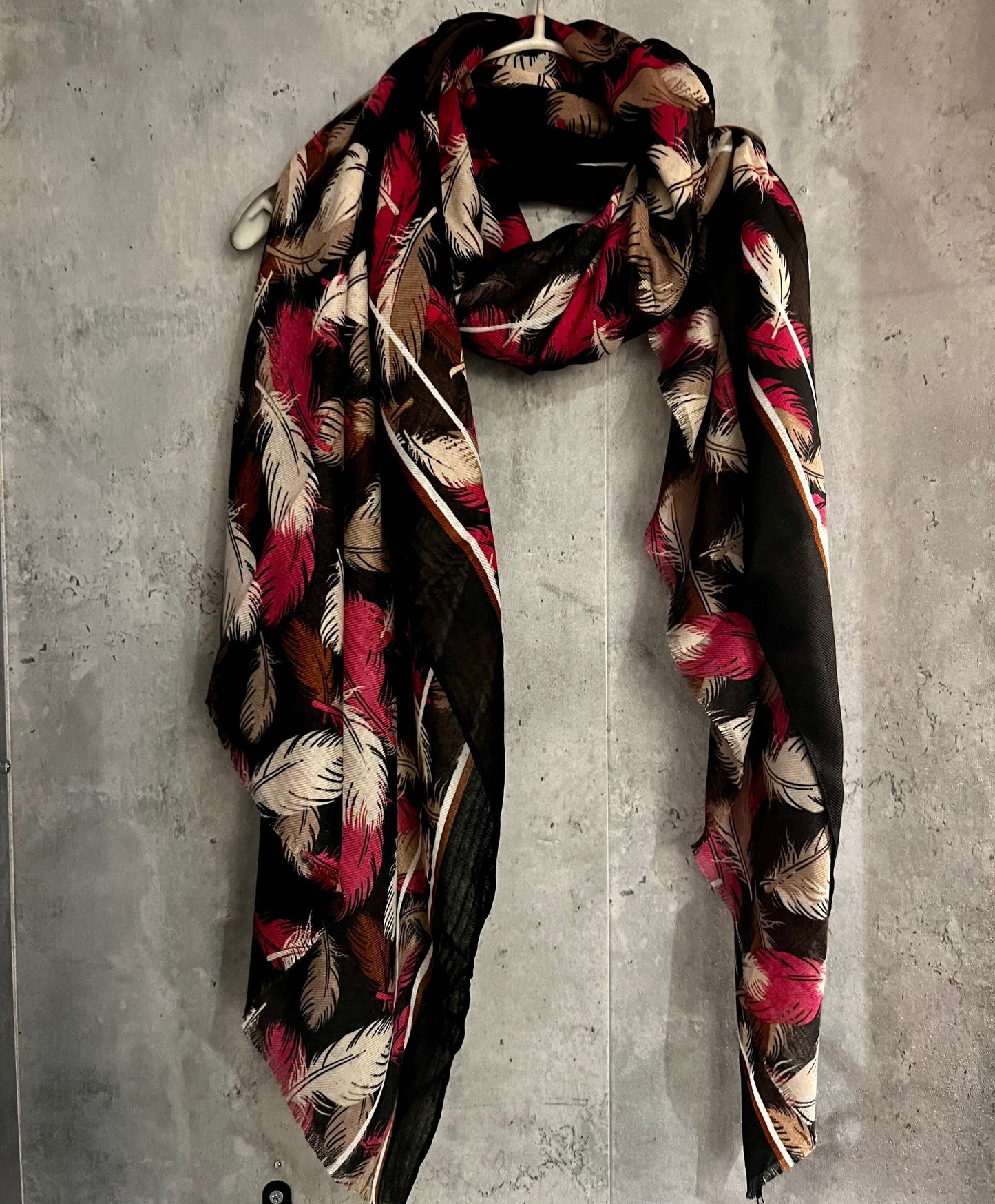 Black Cotton Scarf with Floating White Pink Feathers – A Stylish and Versatile Gift for Her