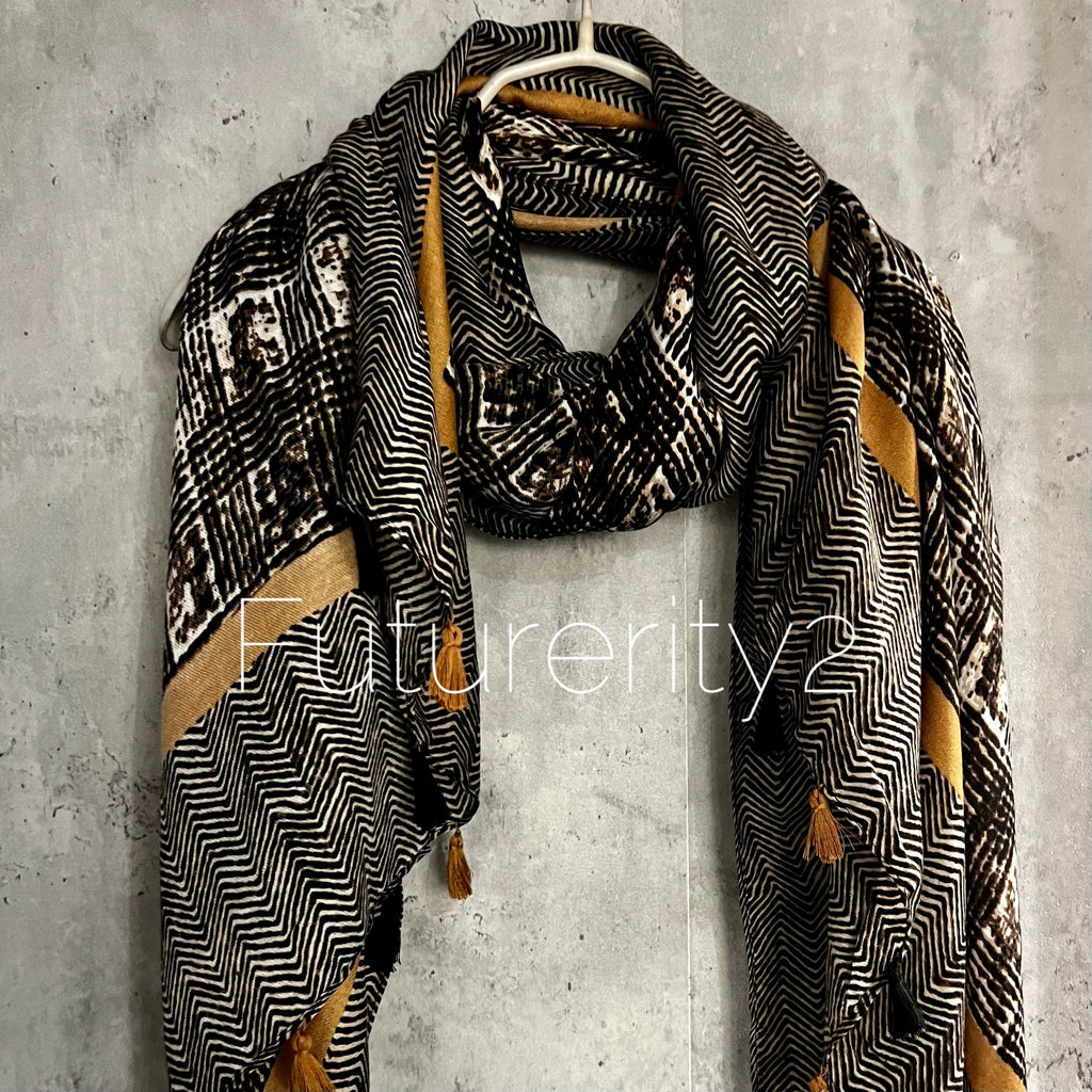 Tweed Pattern With Yellow Trim Tassels Brown Cotton Scarf