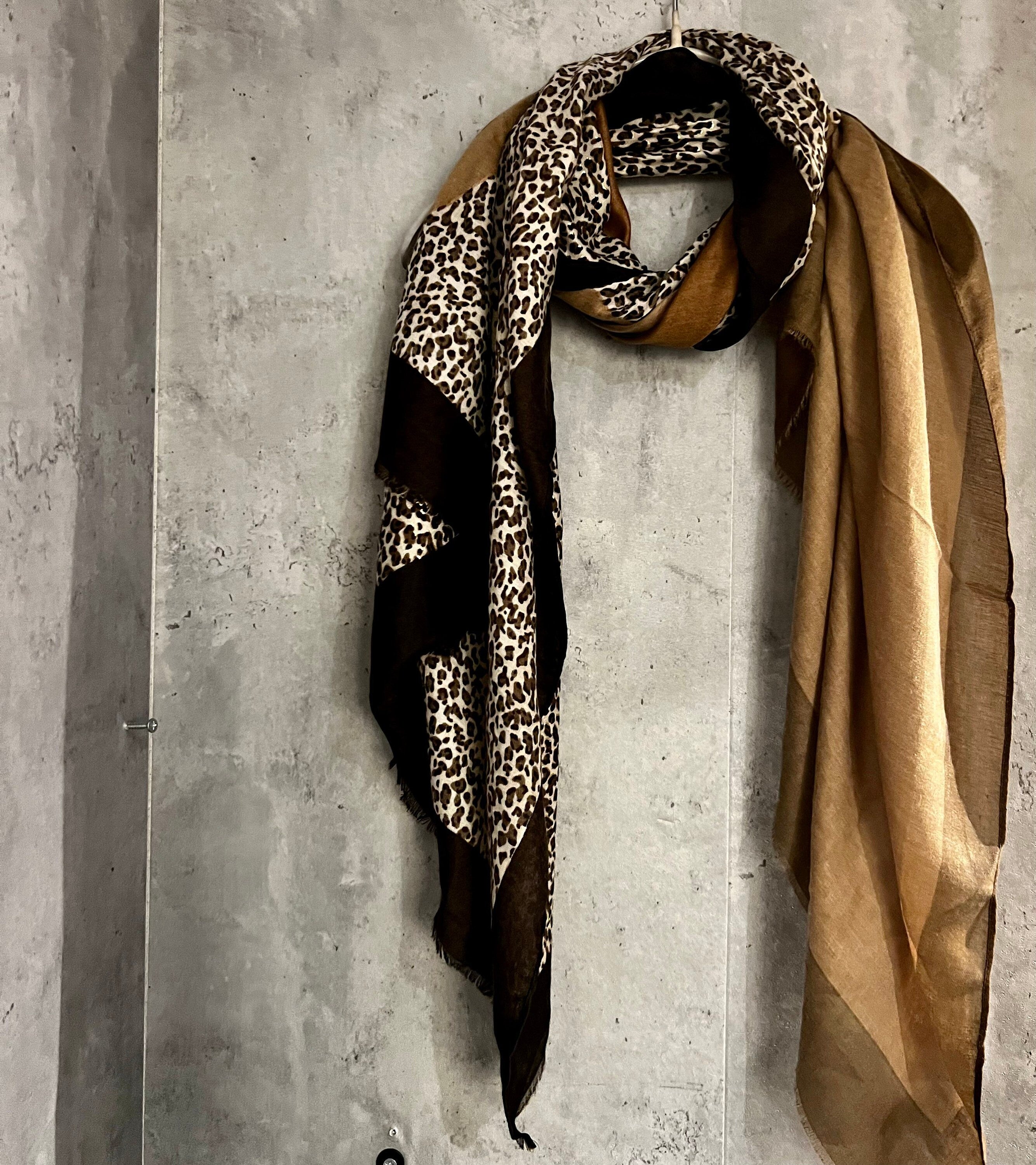 Leopard Pattern With Black Trim Brown Cotton Women Scarf