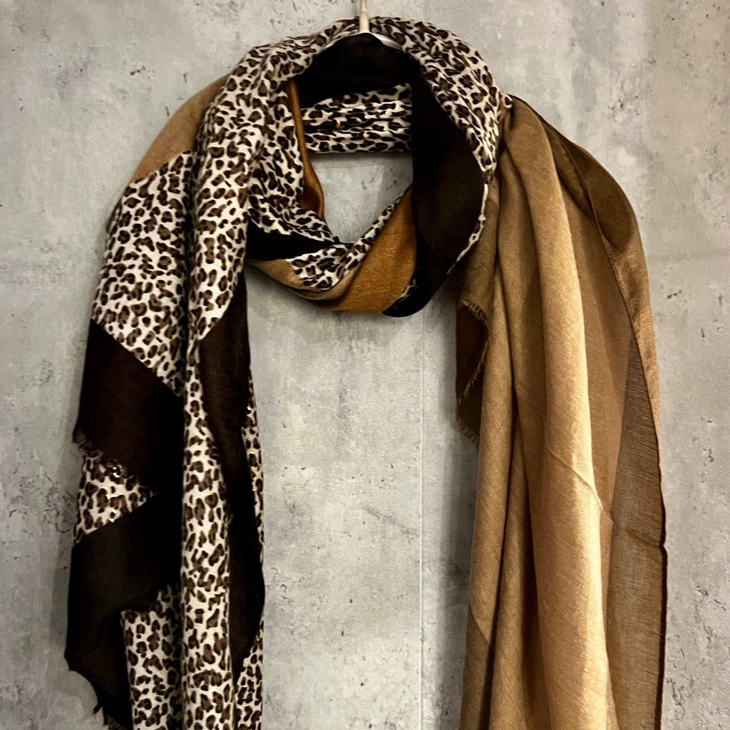 Leopard Pattern With Black Trim Brown Cotton Women Scarf