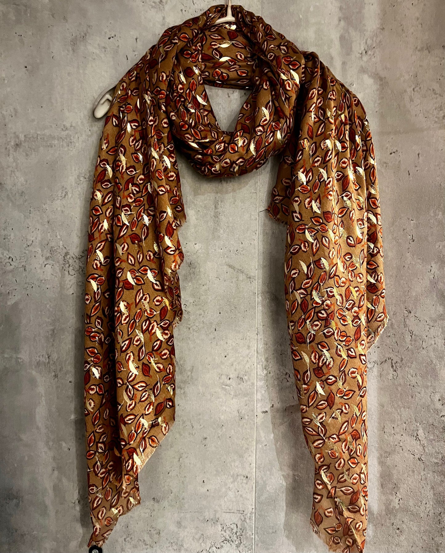 Seamless Small leaf’s With Gold Foil Brown Cotton Scarf/Summer Autumn Winter Scarf/Gifts For Mum/Gifts For Her Birthday Christmas/UK Seller