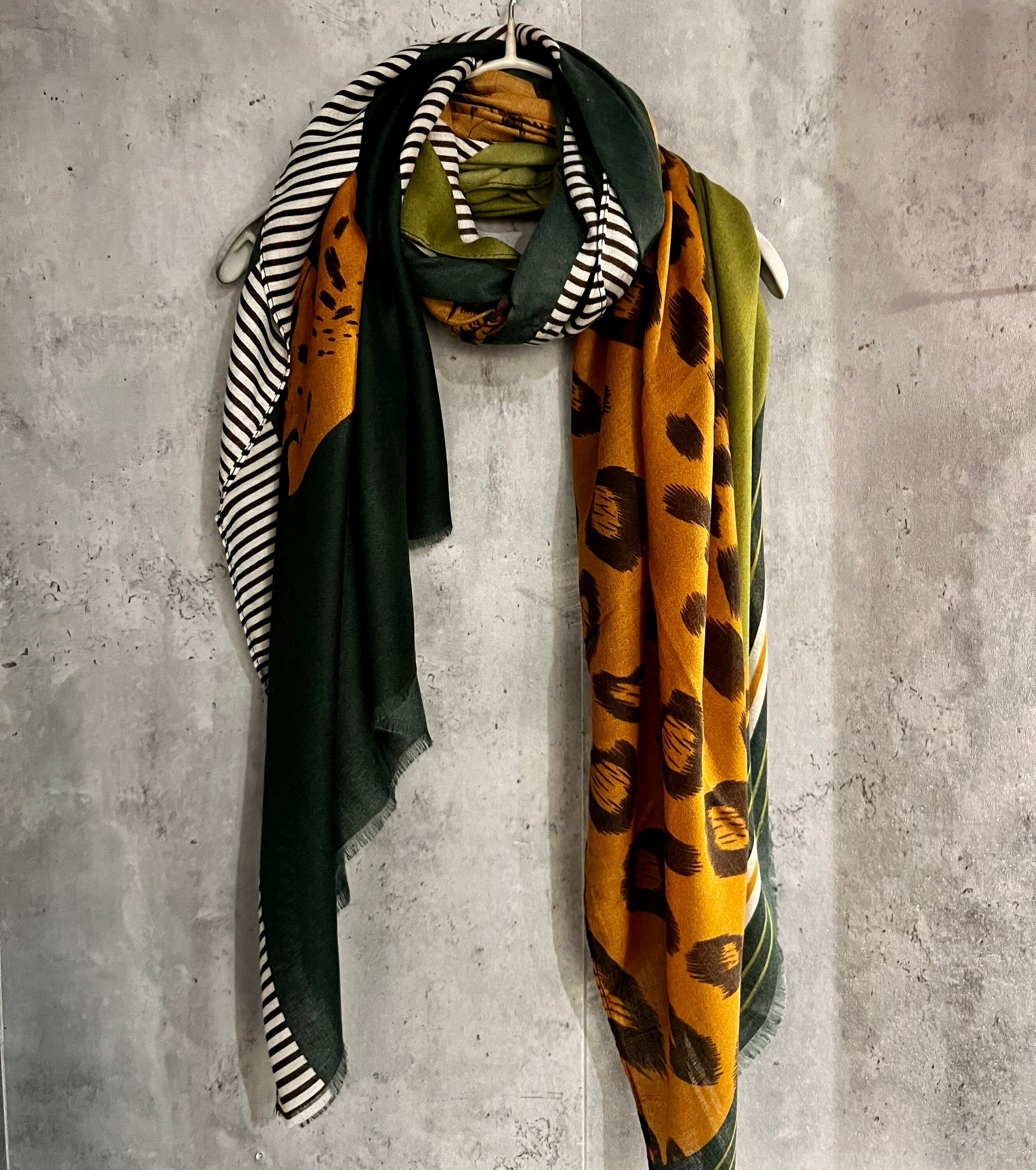 Geometric Leopard Pattern Green Brown Cotton Scarf
