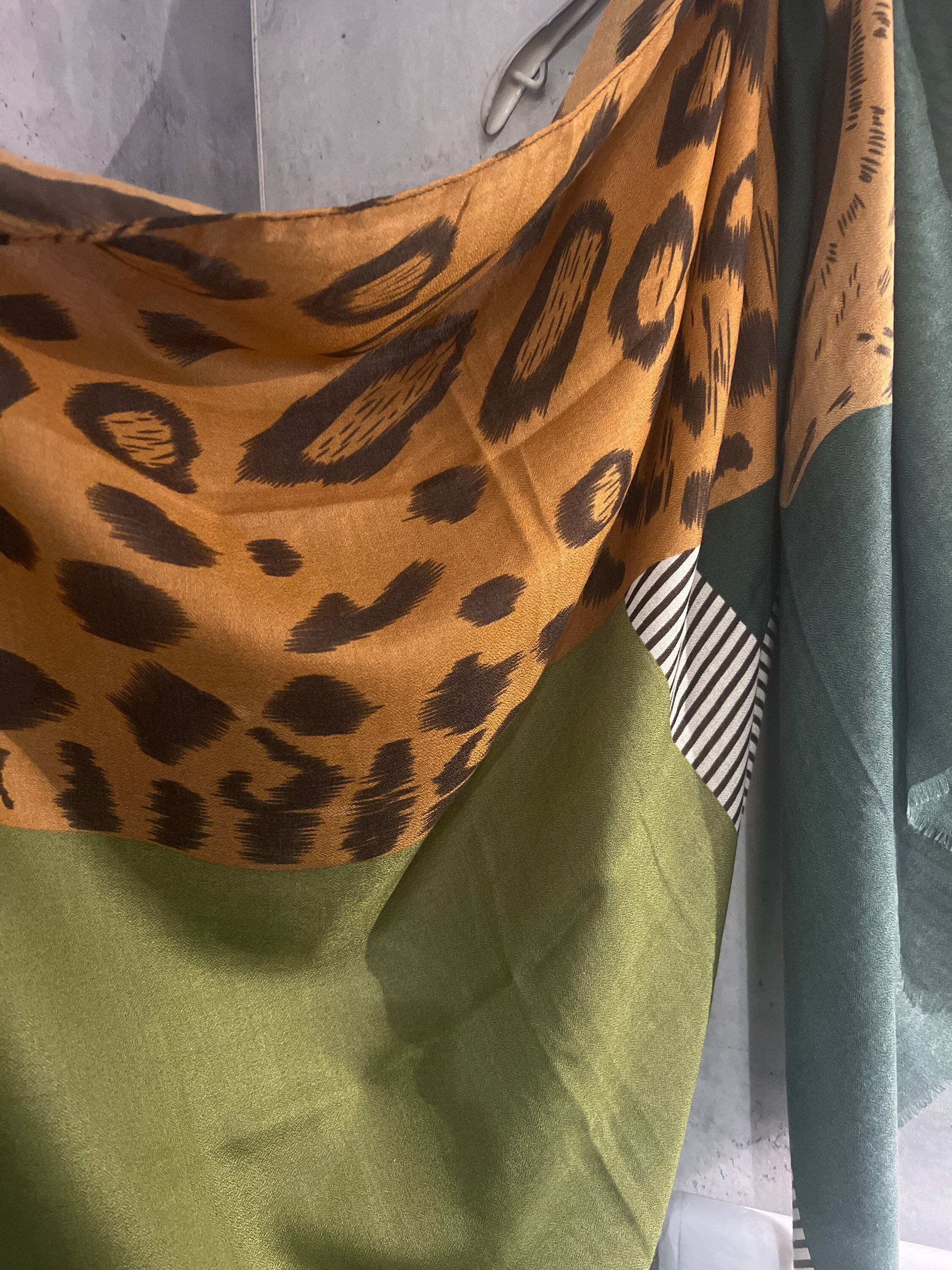 Geometric Leopard Pattern Green Brown Cotton Scarf