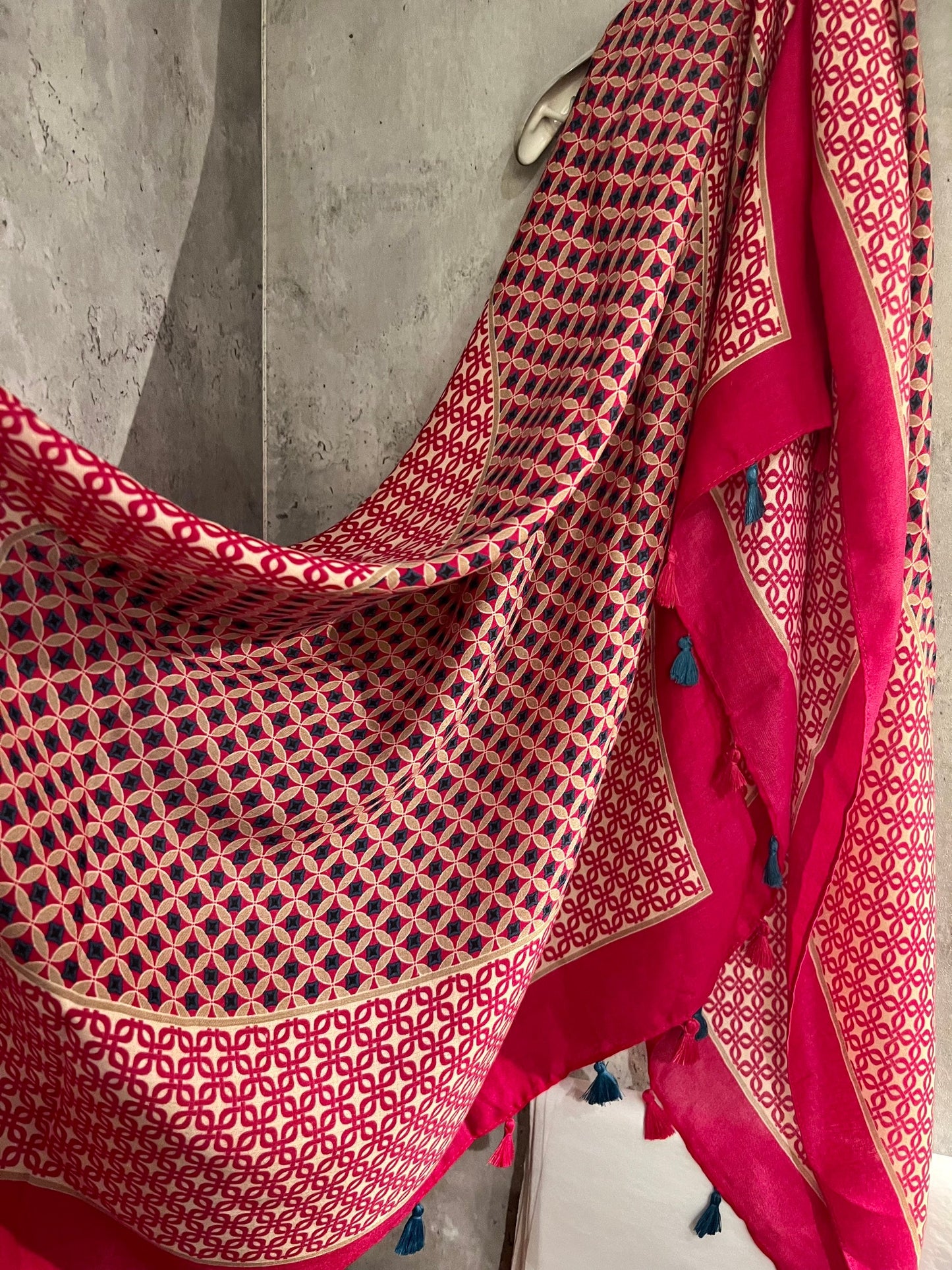 Seamless Tiles Pattern With Tassel Pink Cotton Scarf/Summer Autumn Winter Scarf/Gift For Mum/Scarf Women/Gift Birthday Christmas/UK Seller