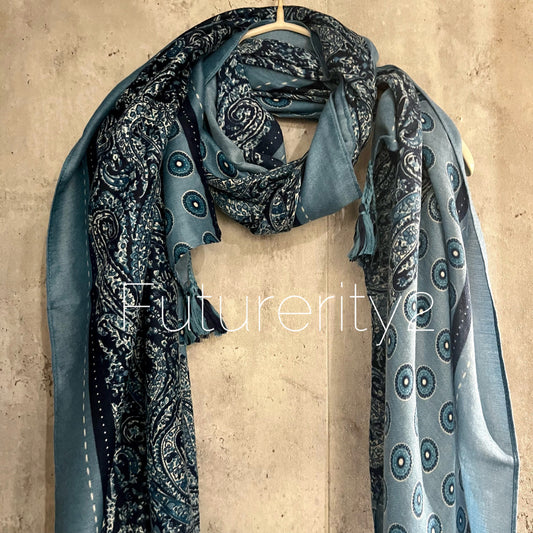 Modern Paisley With Tassels Blue Cotton Scarf/Summer Autumn Winter Scarf/Gifts For Mum/Gifts For Her Birthday Christmas/UK Seller