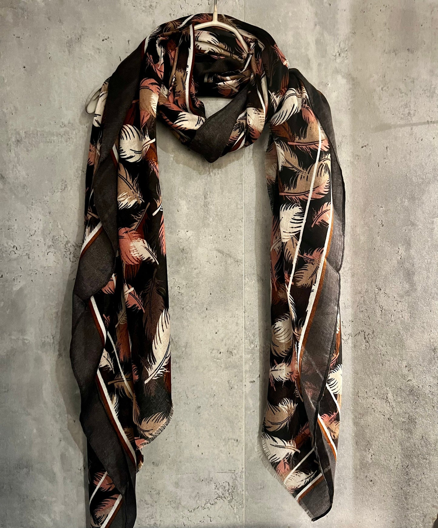 Grey Cotton Scarf with Floating Pink Beige Feathers – A Stylish and Versatile Gift for Her