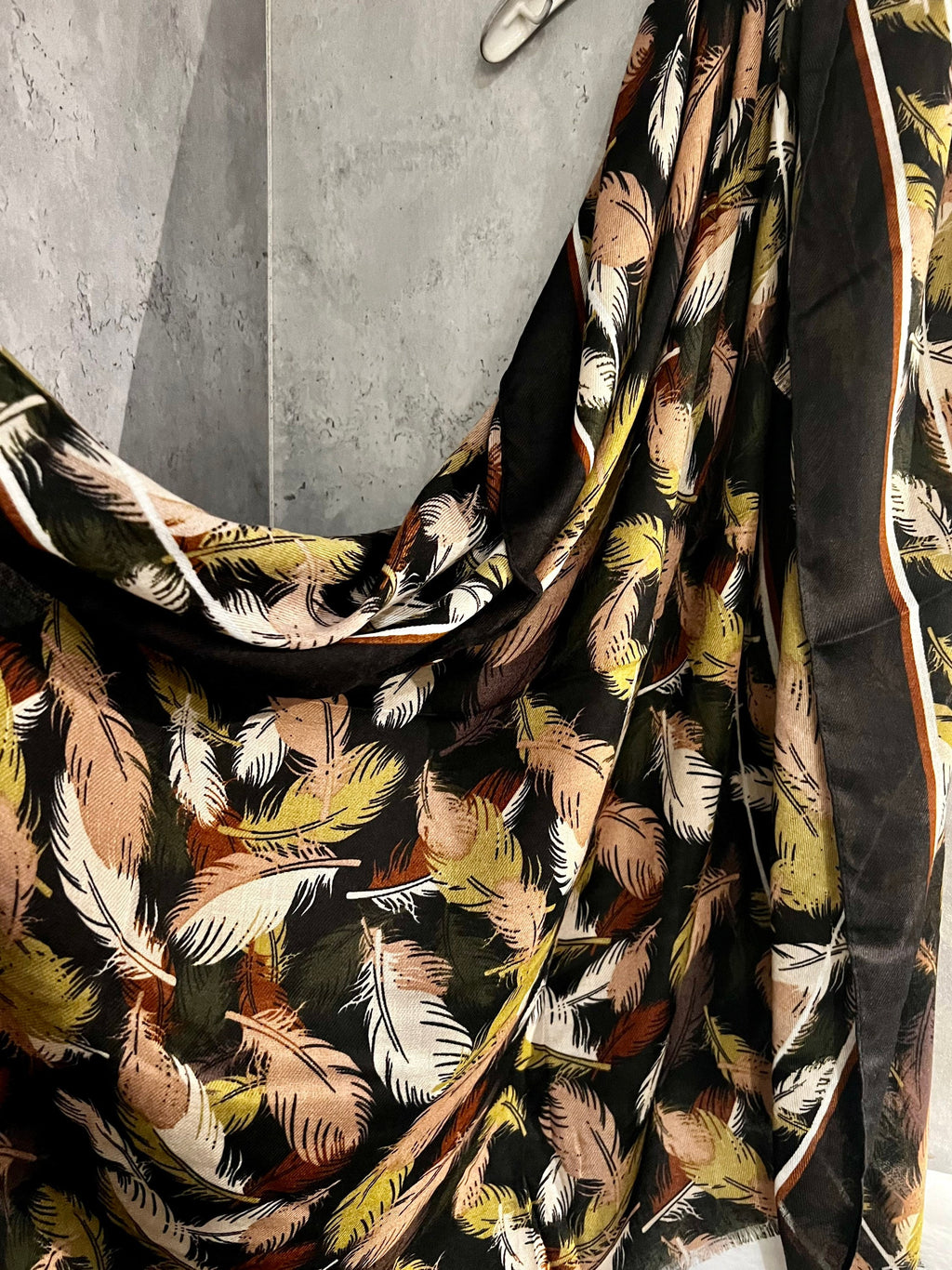 Black Cotton Scarf with Floating Green Beige Feathers – A Stylish and Versatile Gift for Her