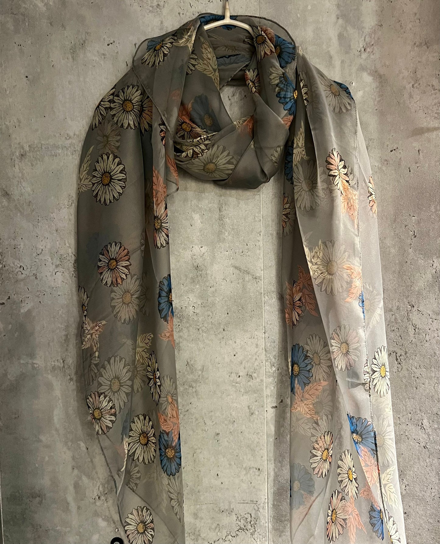 Daisy Flowers Pattern Grey Silk Scarf/Spring Summer Autumn Scarf/Gifts For Her Birthday Christmas/Gifts For Mum/Wedding Scarf/Evening Scarf