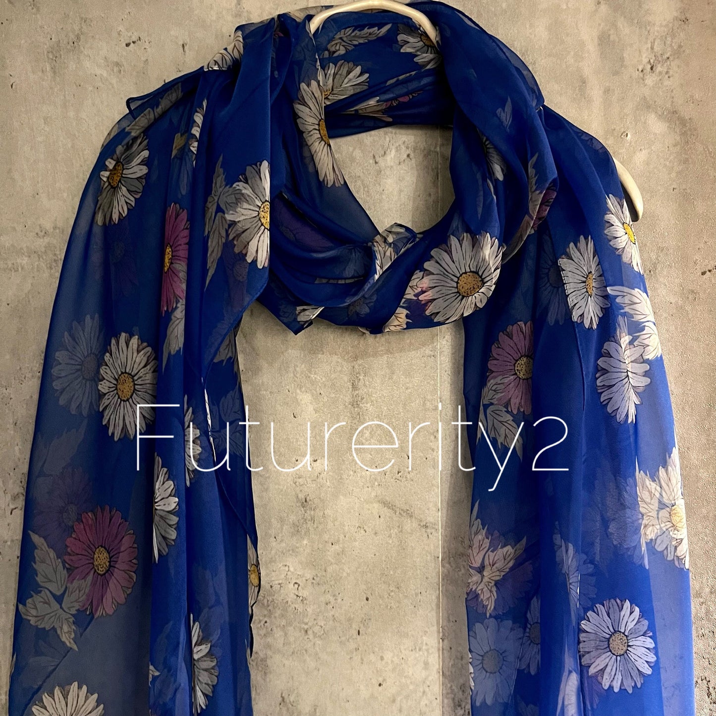 Daisy Flowers Pattern Blue Silk Scarf/Spring Summer Autumn Scarf/Gifts For Her Birthday Christmas/Gifts For Mum/Wedding Scarf/Evening Scarf