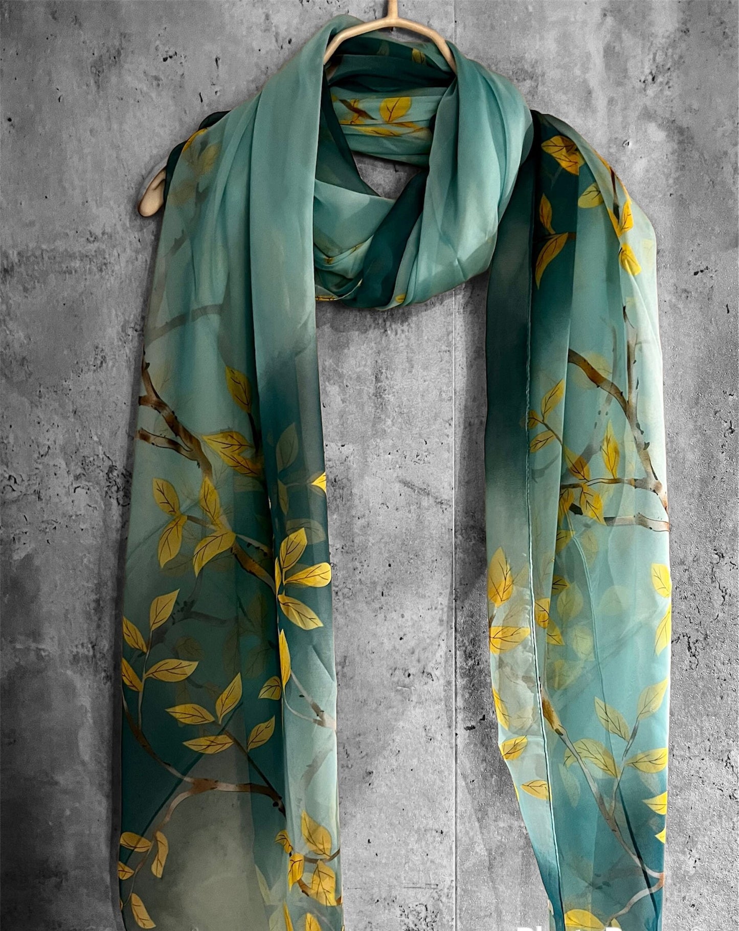 Leaves Stem Pattern Blue Silk Scarf/Spring Summer Autumn Scarf/Gifts For Her Birthday Christmas/Gifts For Mum/Wedding Scarf/Evening Scarf