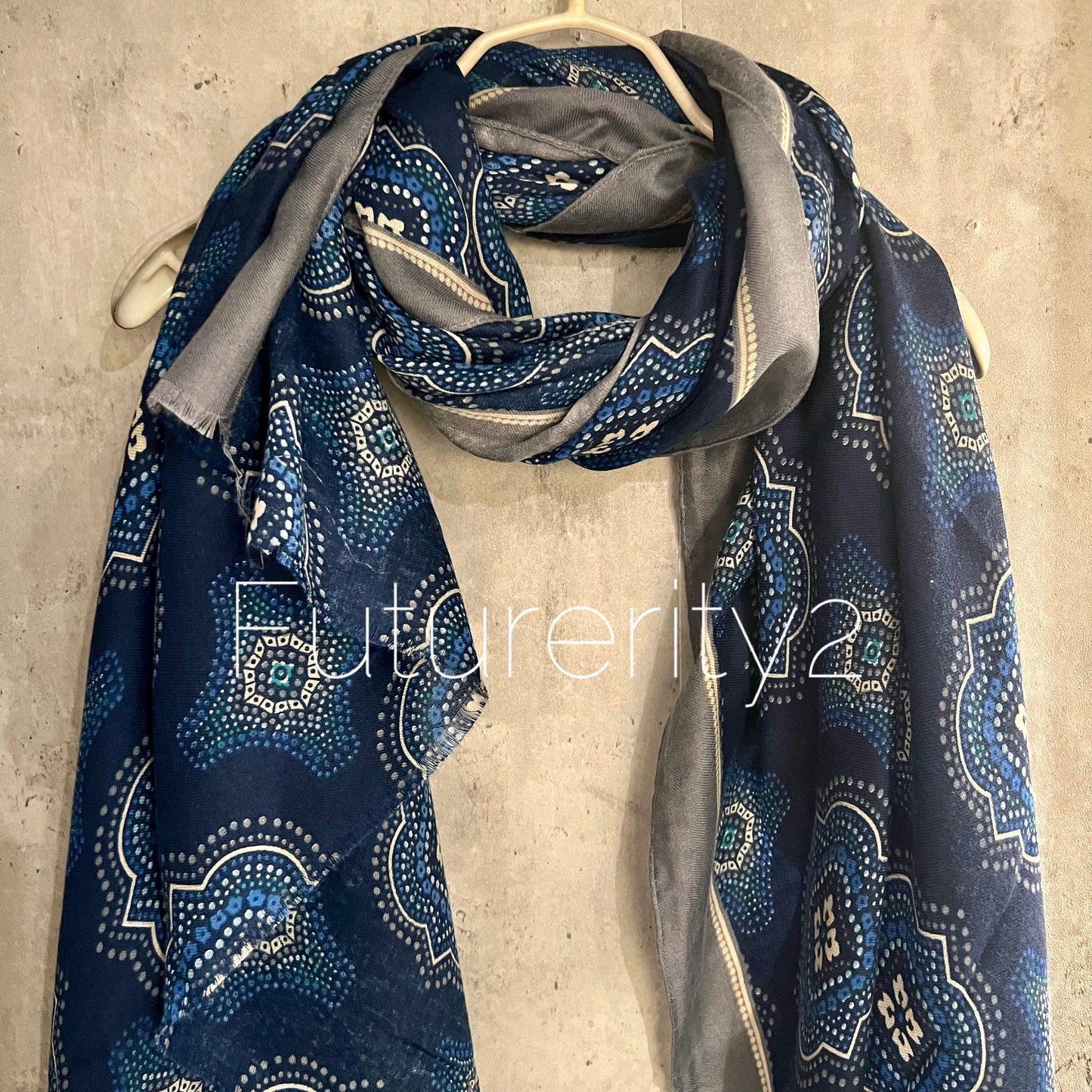 Saree Pattern With Grey Trim Blue Cotton Scarf/Summer Autumn Winter Scarf/Scarf Women/Gifts For Her Birthday Christmas/UK Seller