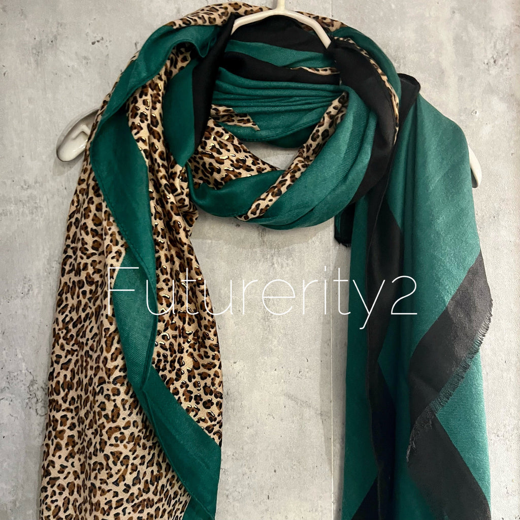 Leopard X Plain Green Cotton Scarf