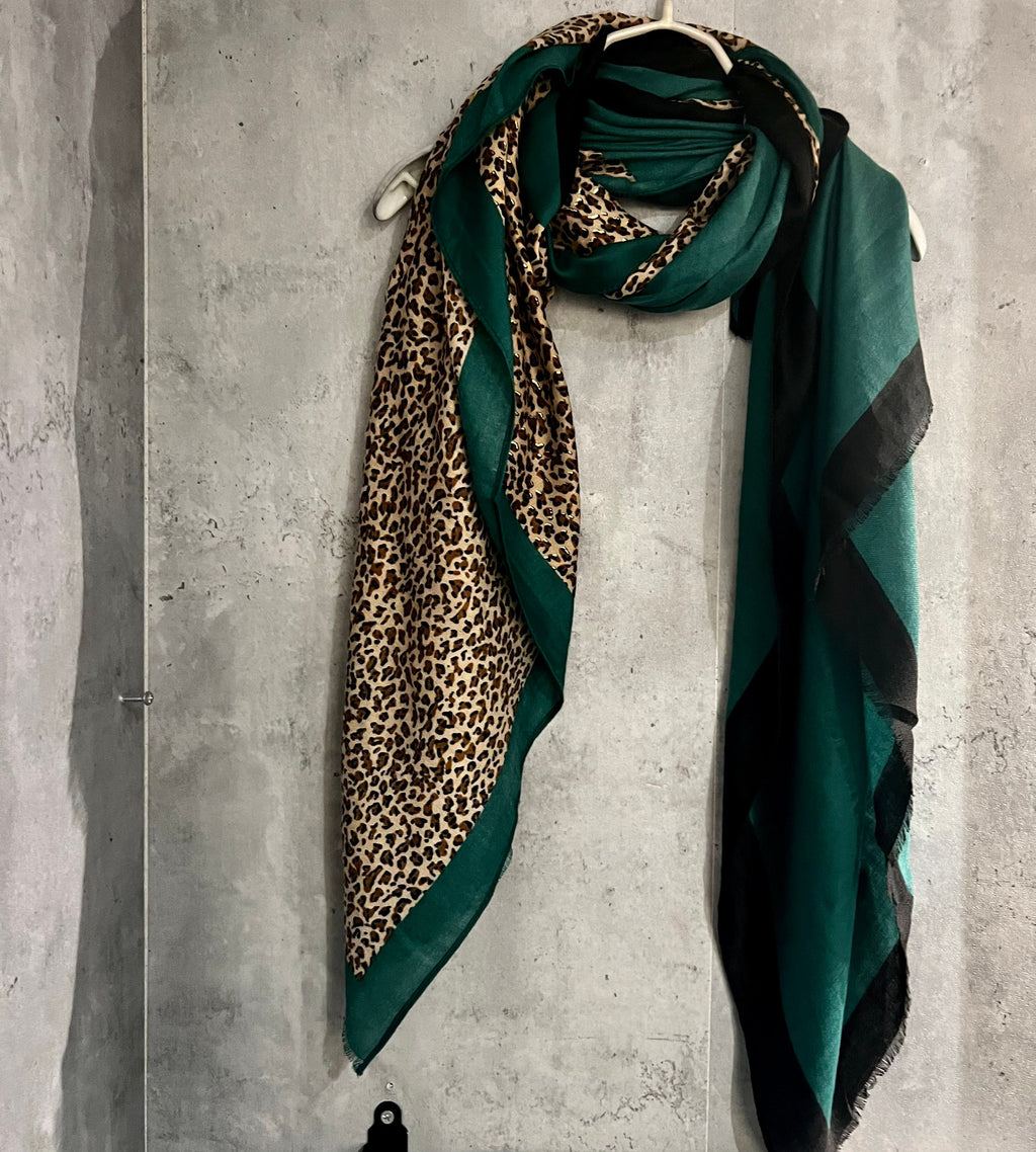 Leopard X Plain Green Cotton Scarf