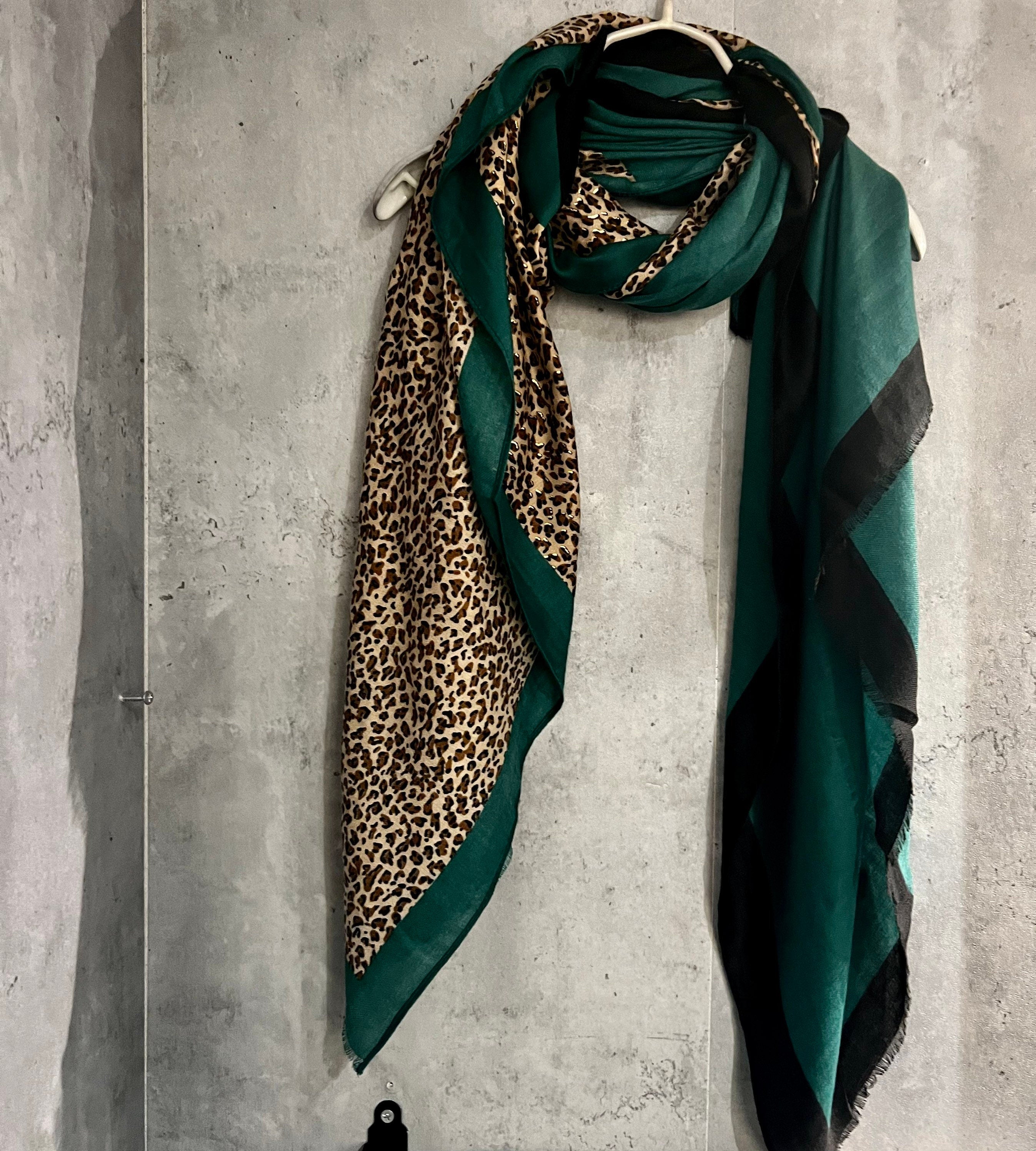 Leopard X Plain Green Cotton Scarf
