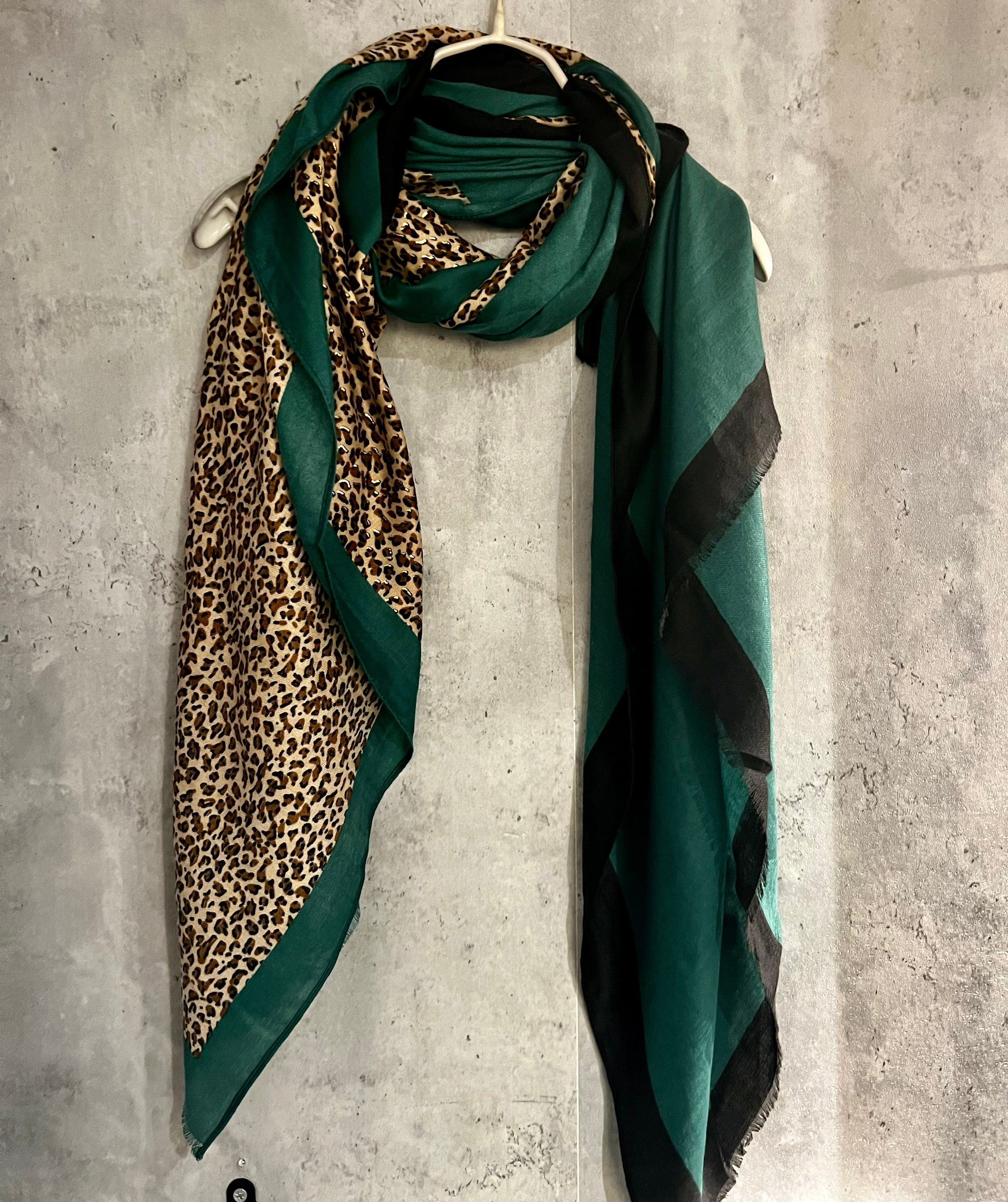 Leopard X Plain Green Cotton Scarf