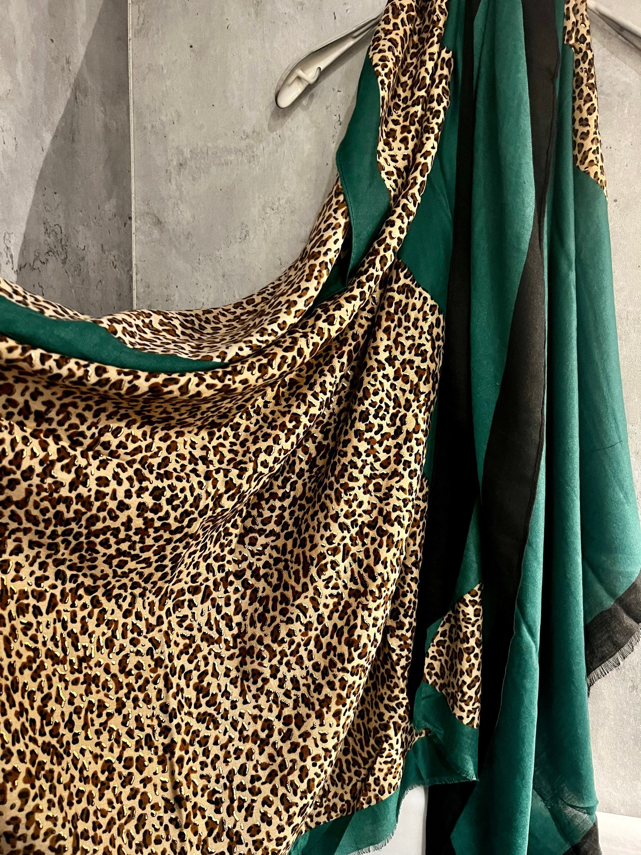 Leopard X Plain Green Cotton Scarf