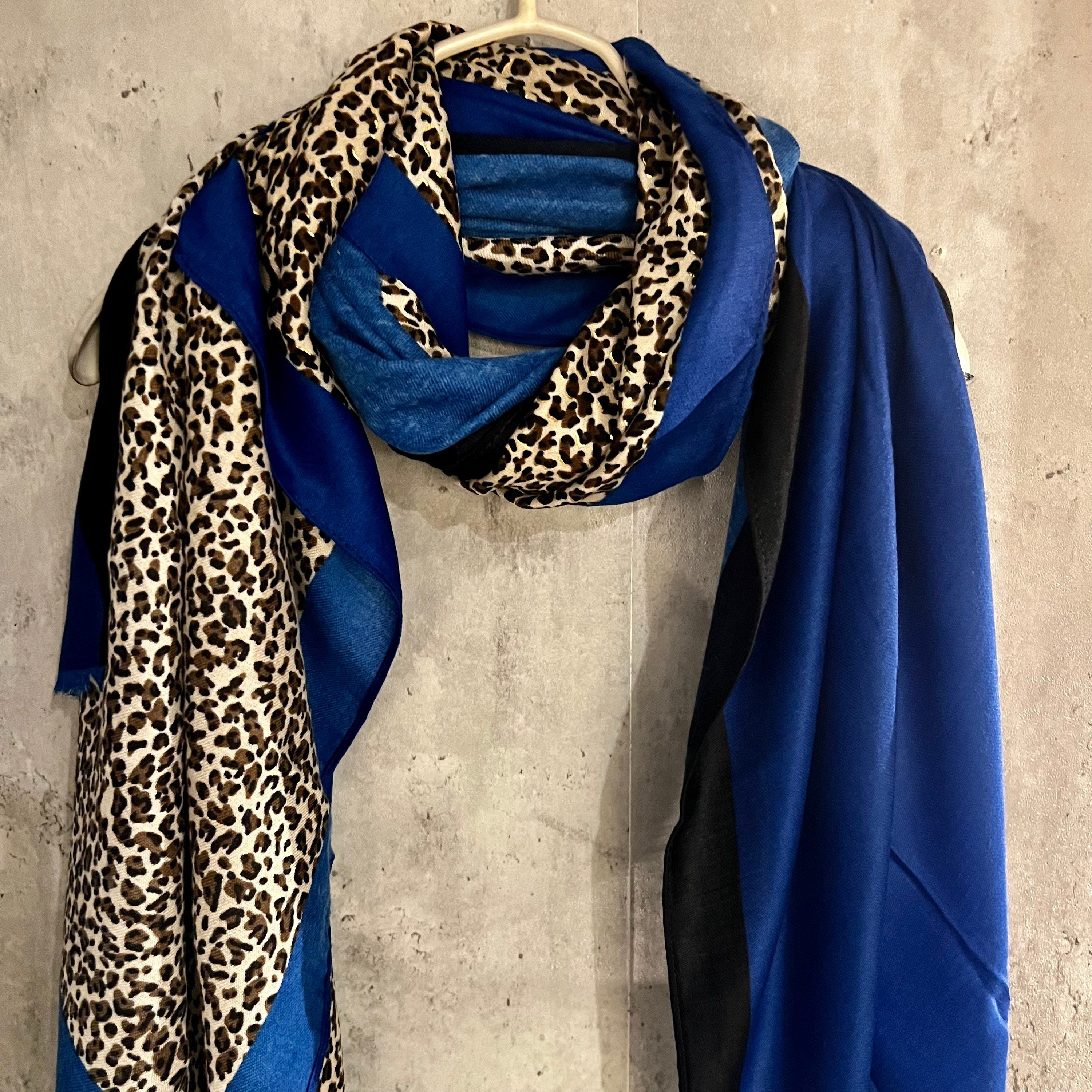 Leopard X Plain Blue Cotton Scarf