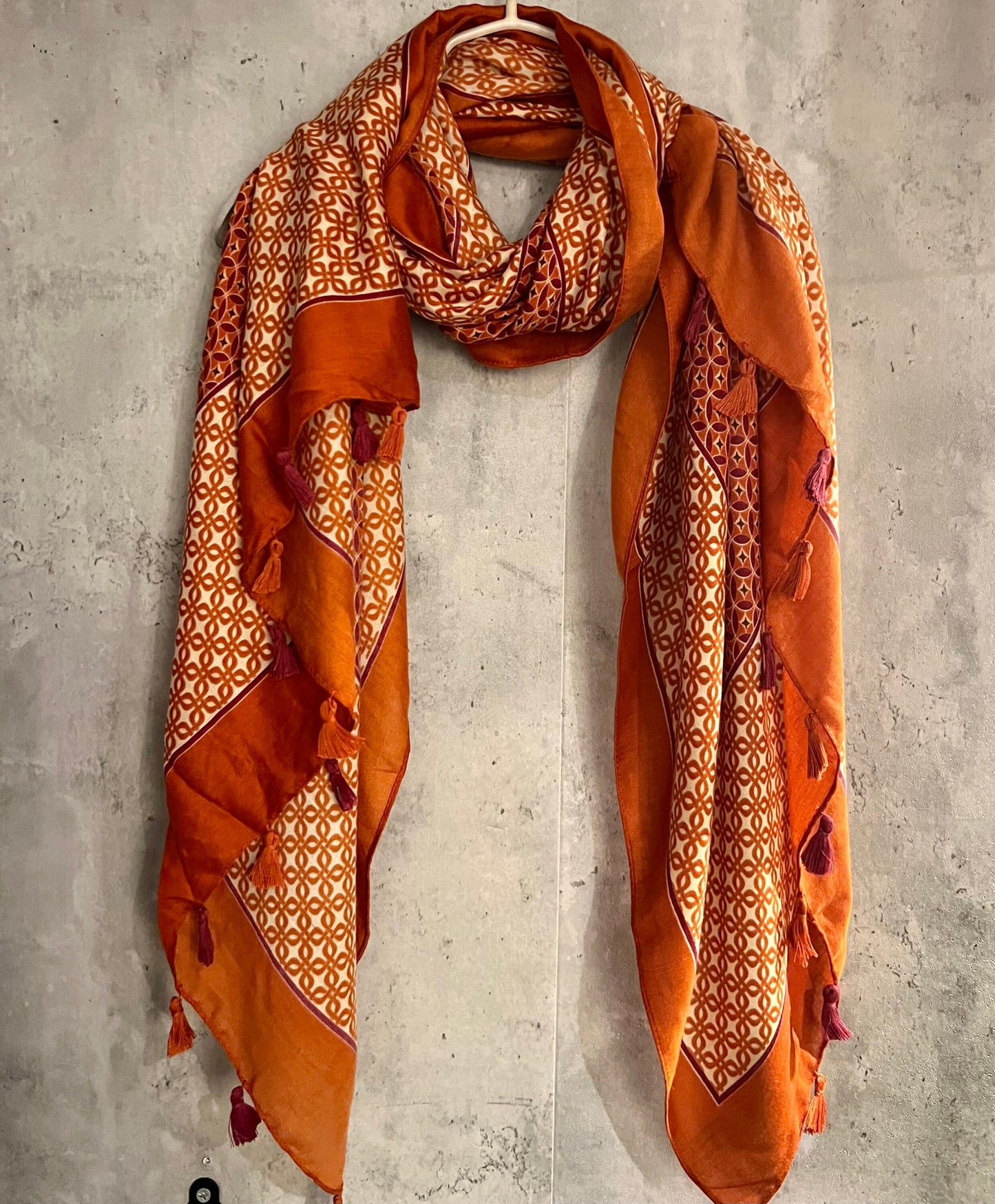 Seamless Tiles Pattern With Tassels Cinnamon Red Cotton Scarf/Summer Autumn Winter Scarf/Gifts For Mum/Scarf Women/Gifts Birthday Christmas