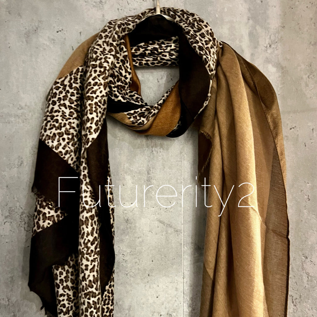 Leopard Pattern With Black Trim Brown Cotton Women Scarf